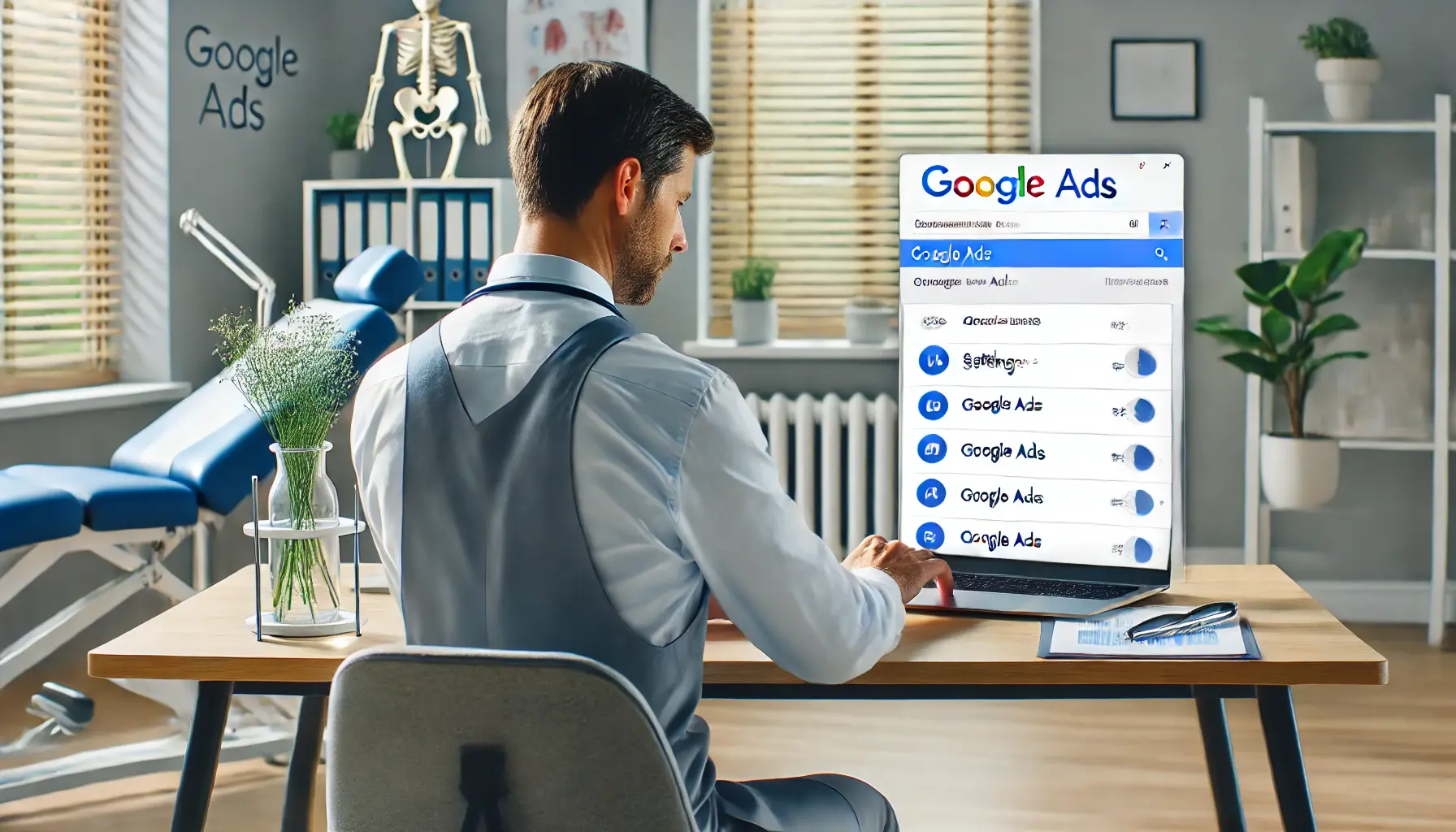 A chiropractor setting up a Google Ads account on a laptop in a modern clinic.