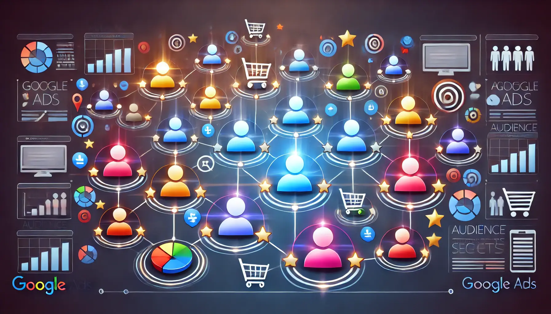 Visual representation of audience segmentation with glowing user groups and connected digital icons.