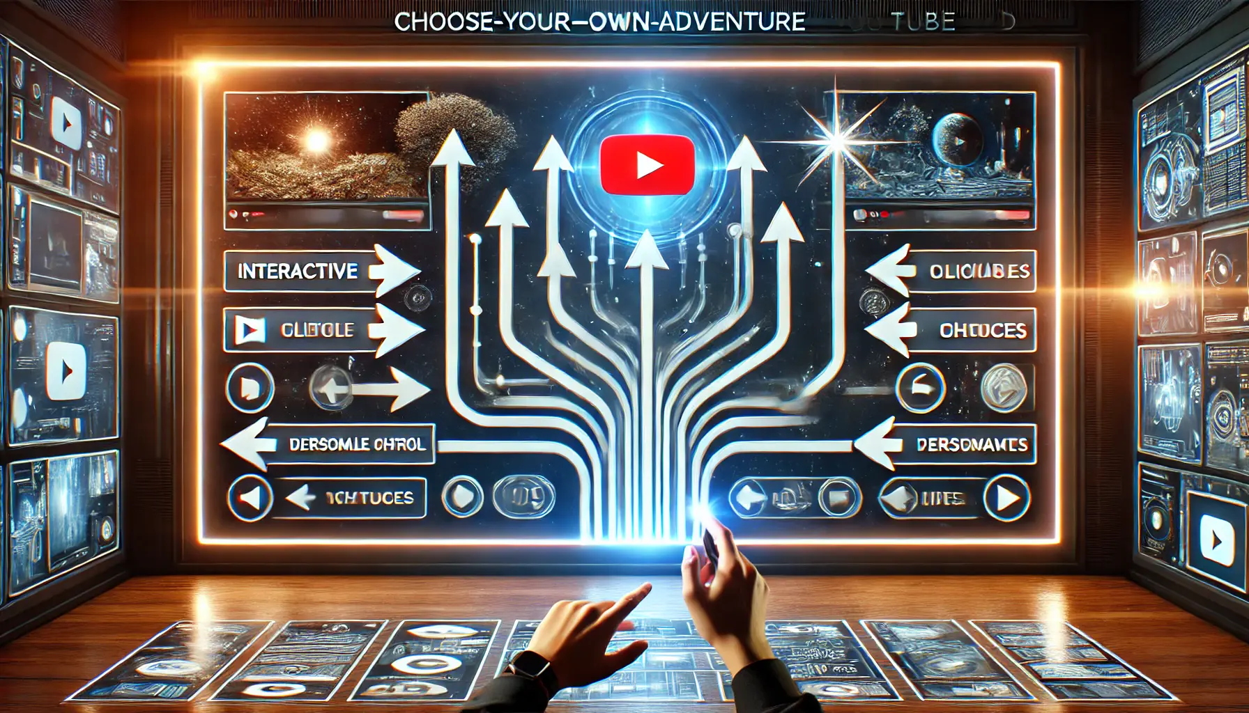 A video interface showing multiple branching options for a choose-your-own-adventure style ad, with interactive buttons allowing the viewer to make choices.