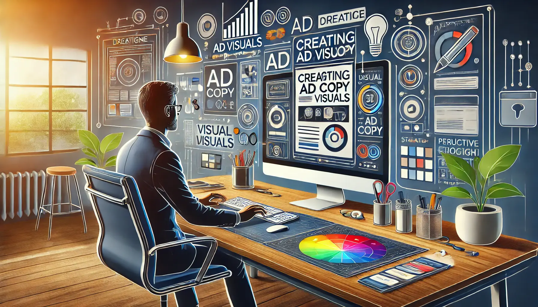 A marketer designing ad visuals and crafting ad copy on a computer, surrounded by design tools and marketing icons.