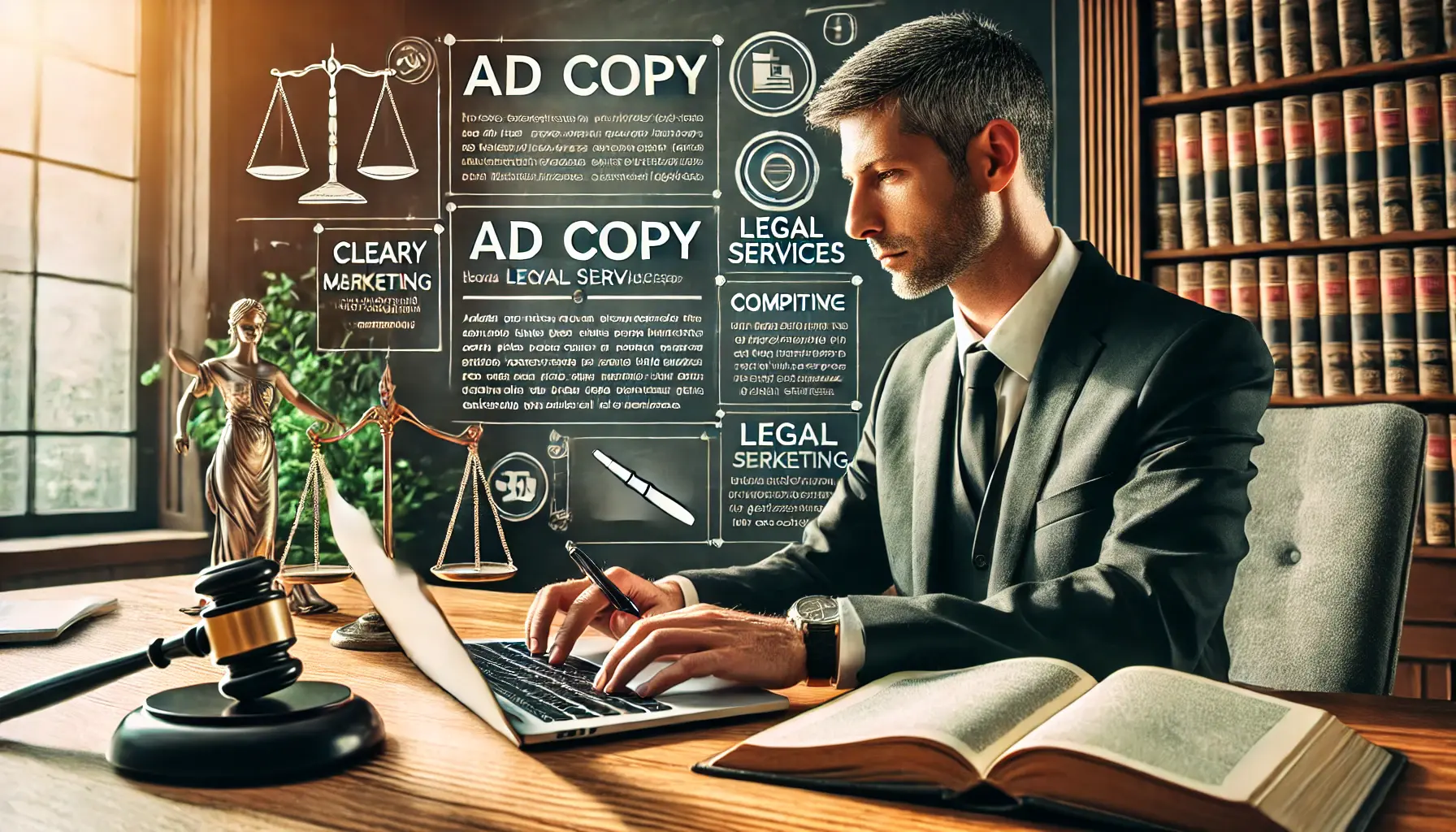 Illustration of a lawyer crafting ad copy for a legal services campaign on a laptop, with law books and a gavel in the background.