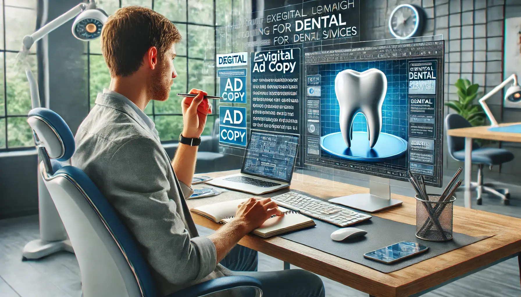 A dentist writing ad copy on a notepad or typing on a laptop in a modern office to create engaging digital ads for dental services.