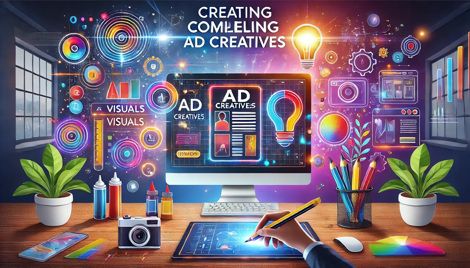 A digital workspace with a designer working on a large screen, surrounded by icons representing ad creative elements such as a camera, pencil, and lightbulb, symbolizing innovation and strategy.