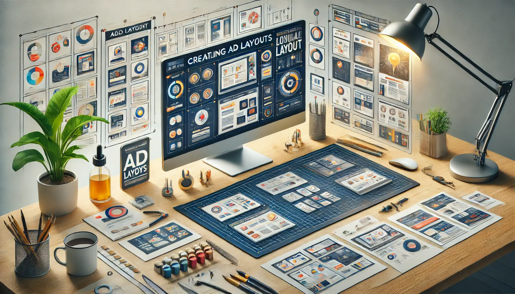 A digital workspace displaying various ad layouts with organized design elements and focal points for effective advertising