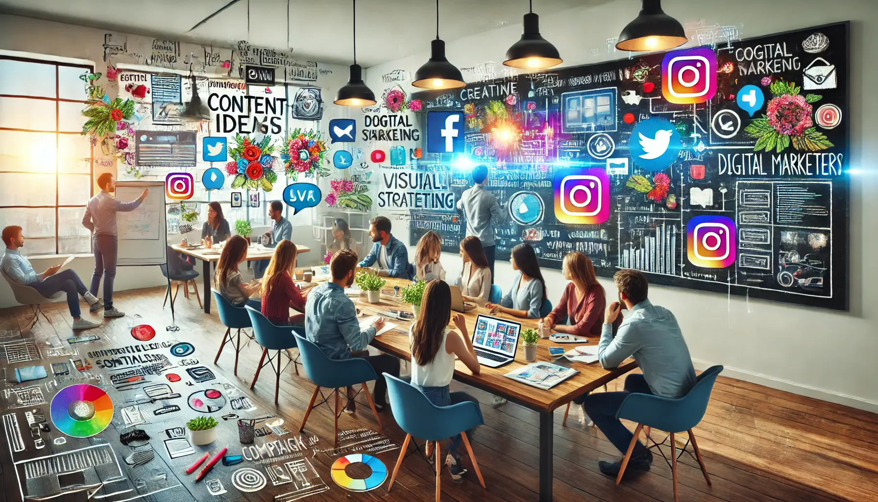 A team of digital marketers brainstorming around a table, with laptops displaying vibrant social media posts and content ideas on a whiteboard in the background.