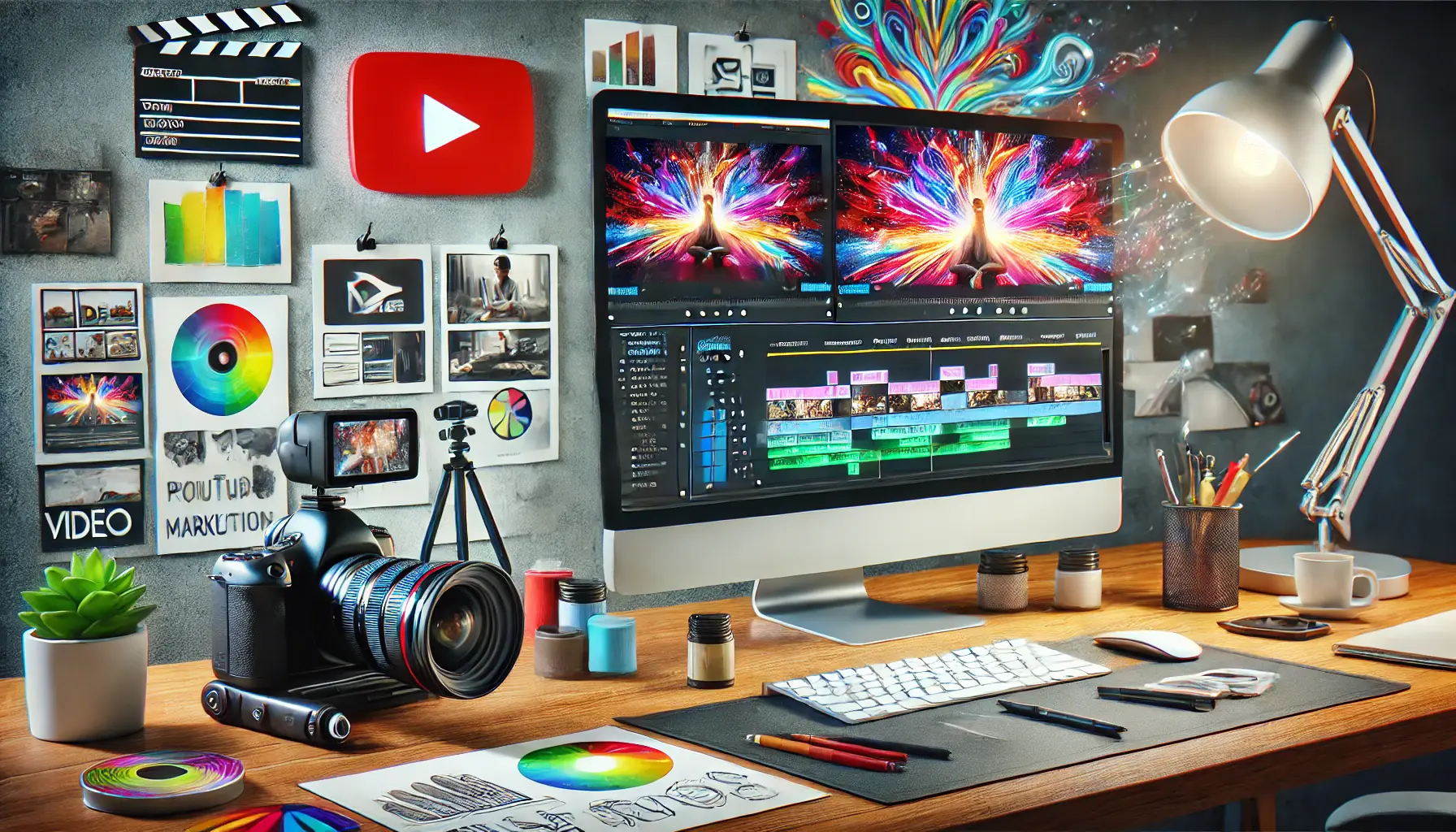 A video editing workstation with vibrant clips, overlays, and professional production tools like a DSLR camera and storyboard.