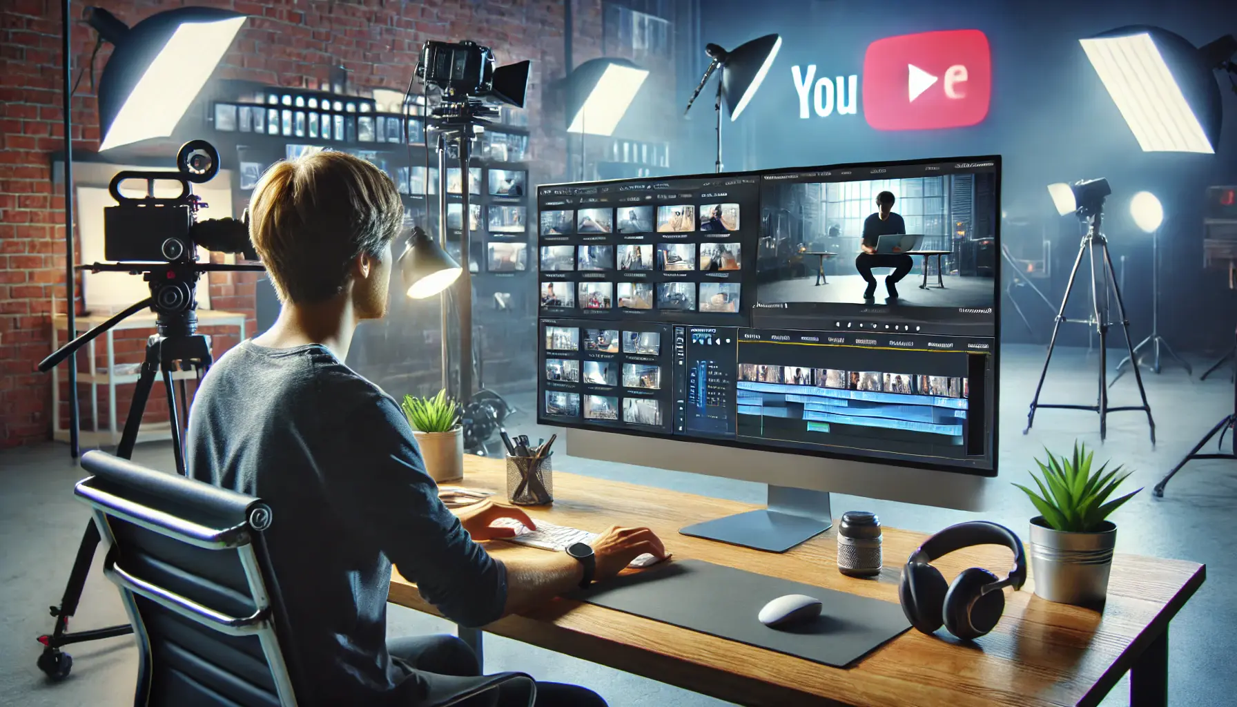 A video producer editing video footage on a computer screen in a modern studio, with a camera setup and lighting equipment in the background.