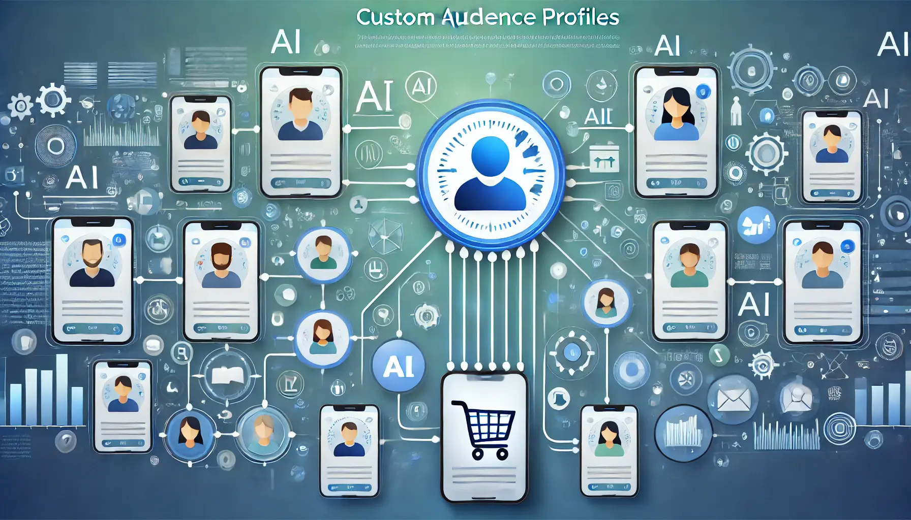 Digital user profiles with data connections, representing custom audience profiling through AI for app advertising.