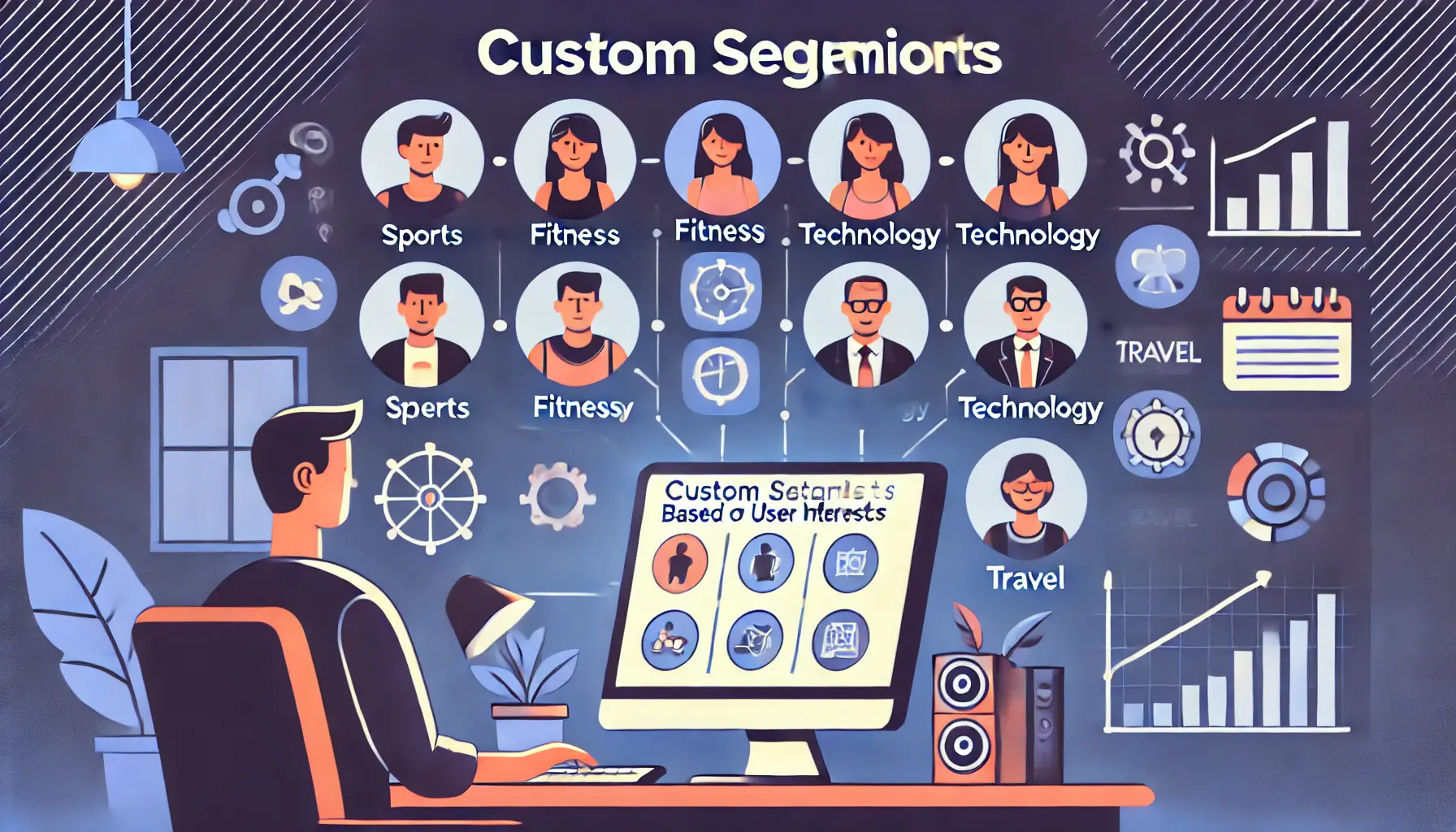 An image showing a digital marketer creating custom audience segments based on user interests such as sports, fitness, technology, and travel, with diverse individuals or icons representing each interest.