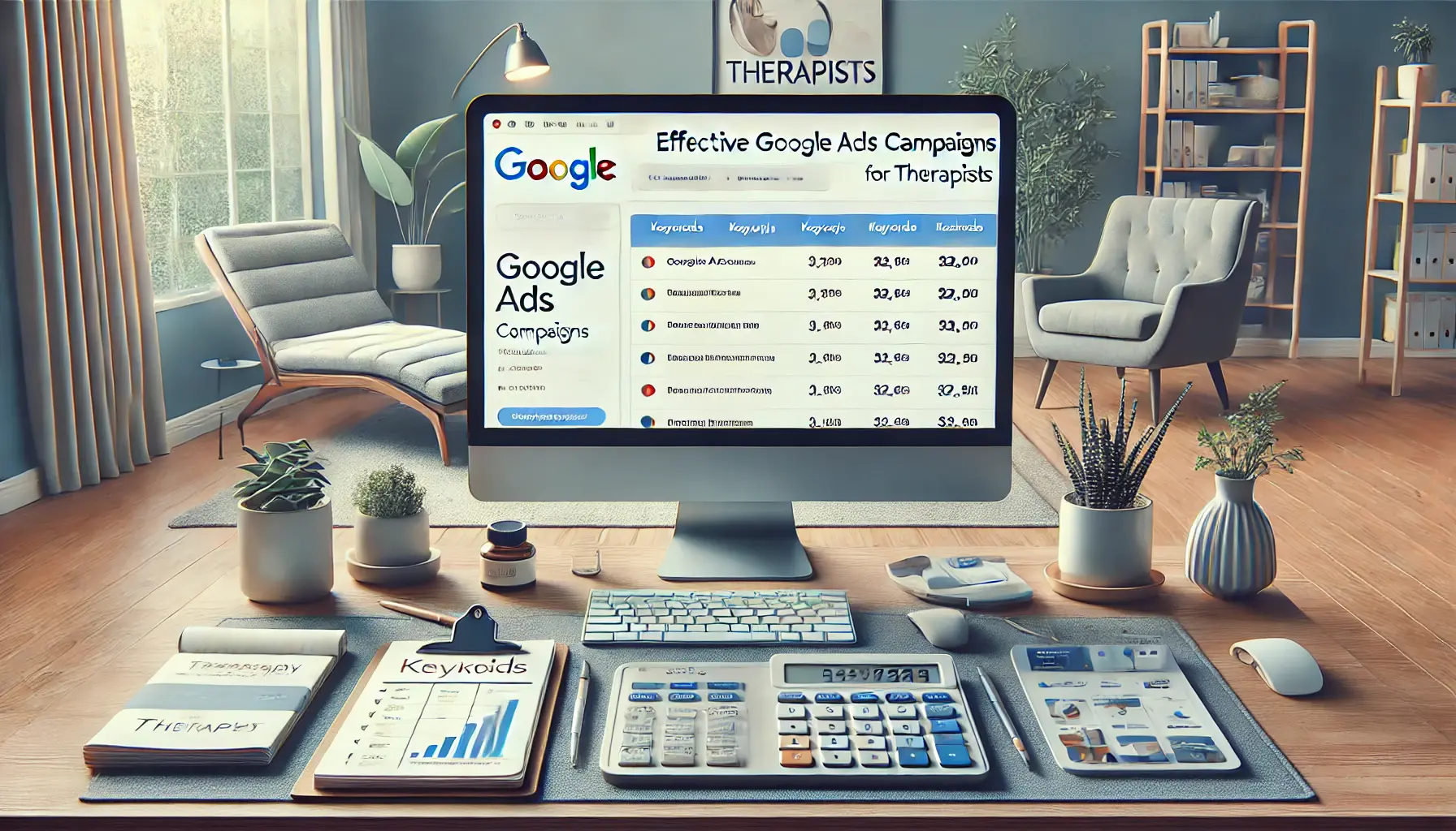 An image showing a Google Ads dashboard on a desktop with tools like a planner and notepad, blending with a therapy office setting.