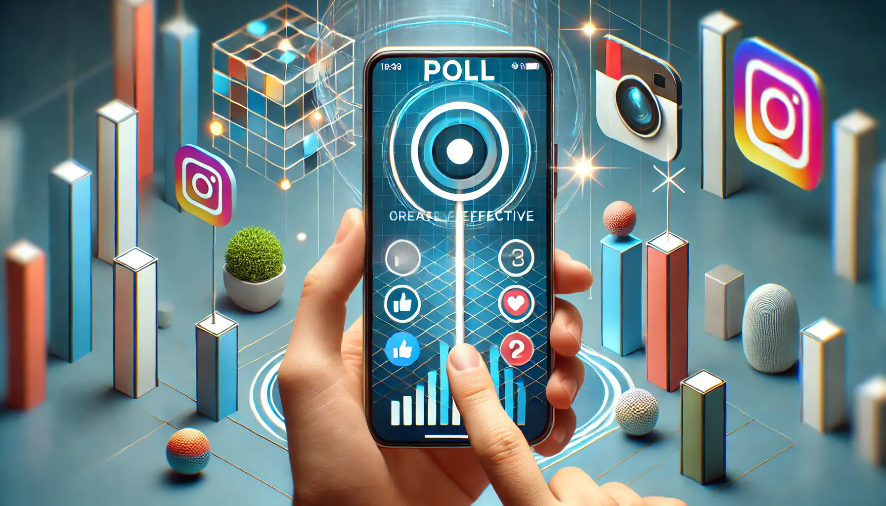 A digital marketing concept showcasing a smartphone screen with an Instagram Story poll, where users are actively voting between two options in a vibrant social media environment.