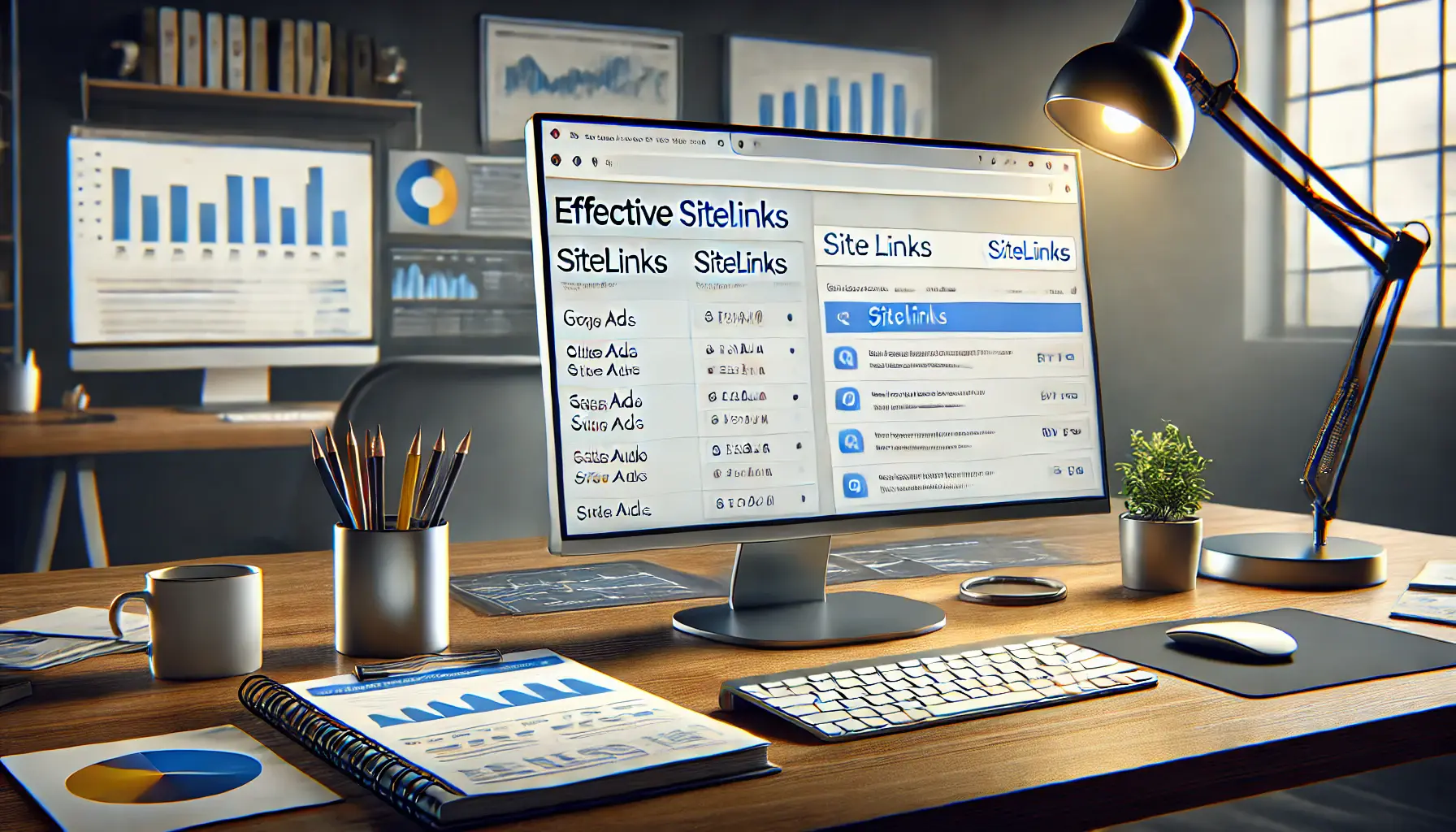 A Google Ads dashboard highlighting the configuration of sitelinks with fields for sitelink text and URLs, set in a professional workspace.