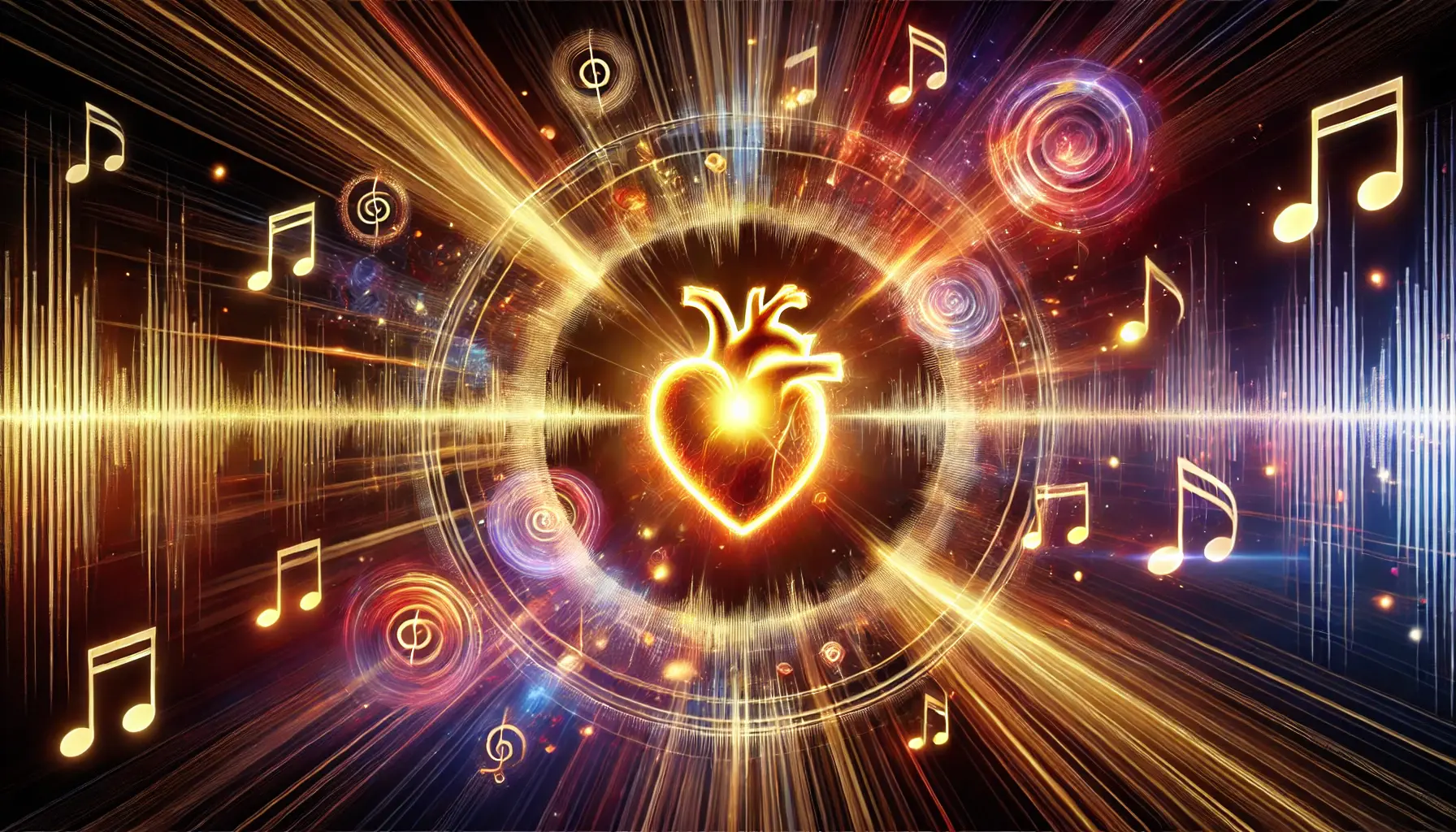 Dynamic image of a glowing heart surrounded by sound waves and musical notes, symbolizing the emotional power of sound and music.