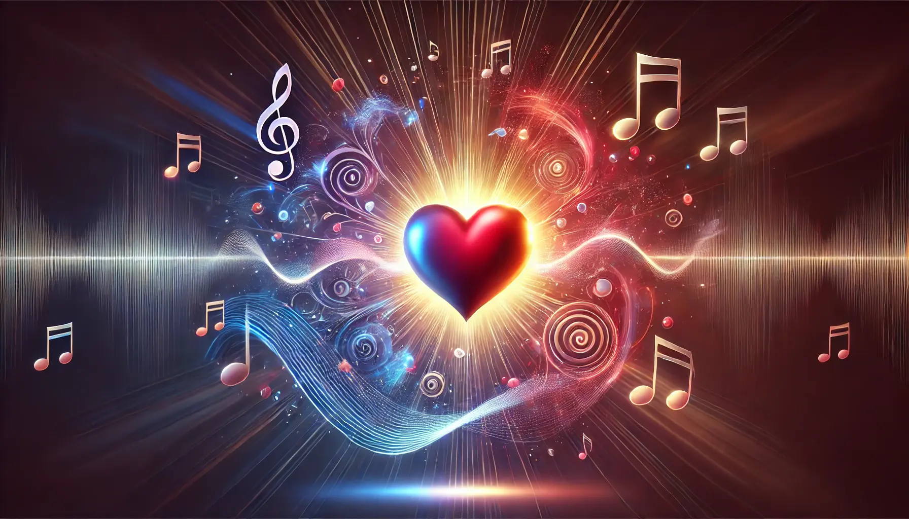 Image of a glowing heart surrounded by sound waves and musical notes, symbolizing the creation of emotional resonance through sound.