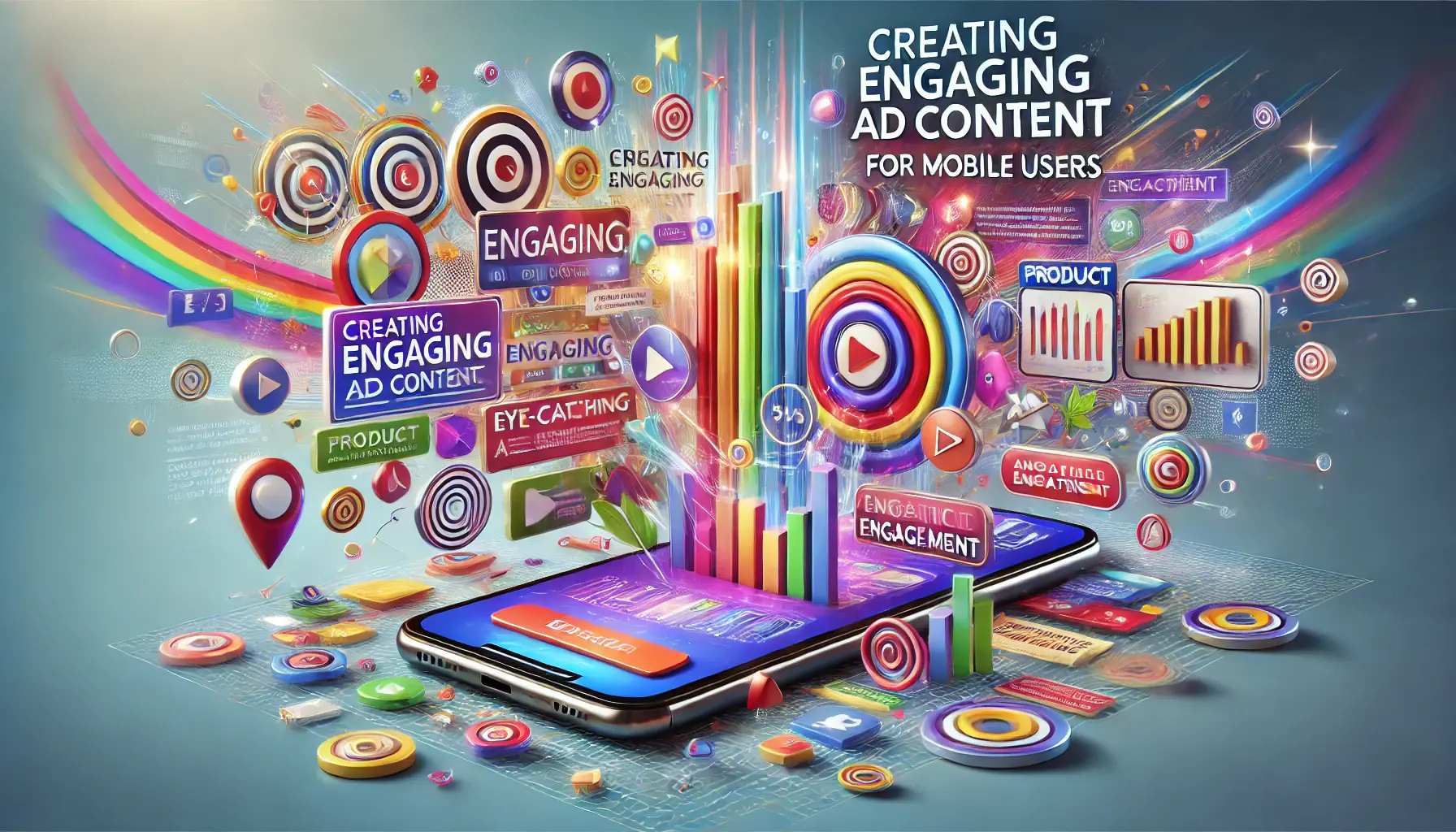 A smartphone displaying vibrant ad content with colorful banners, product images, and call-to-action buttons, symbolizing mobile ad engagement.