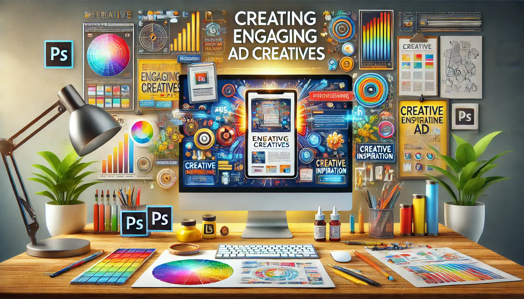 A creative workspace with a computer screen displaying a beautifully designed advertisement surrounded by design tools and color palettes.