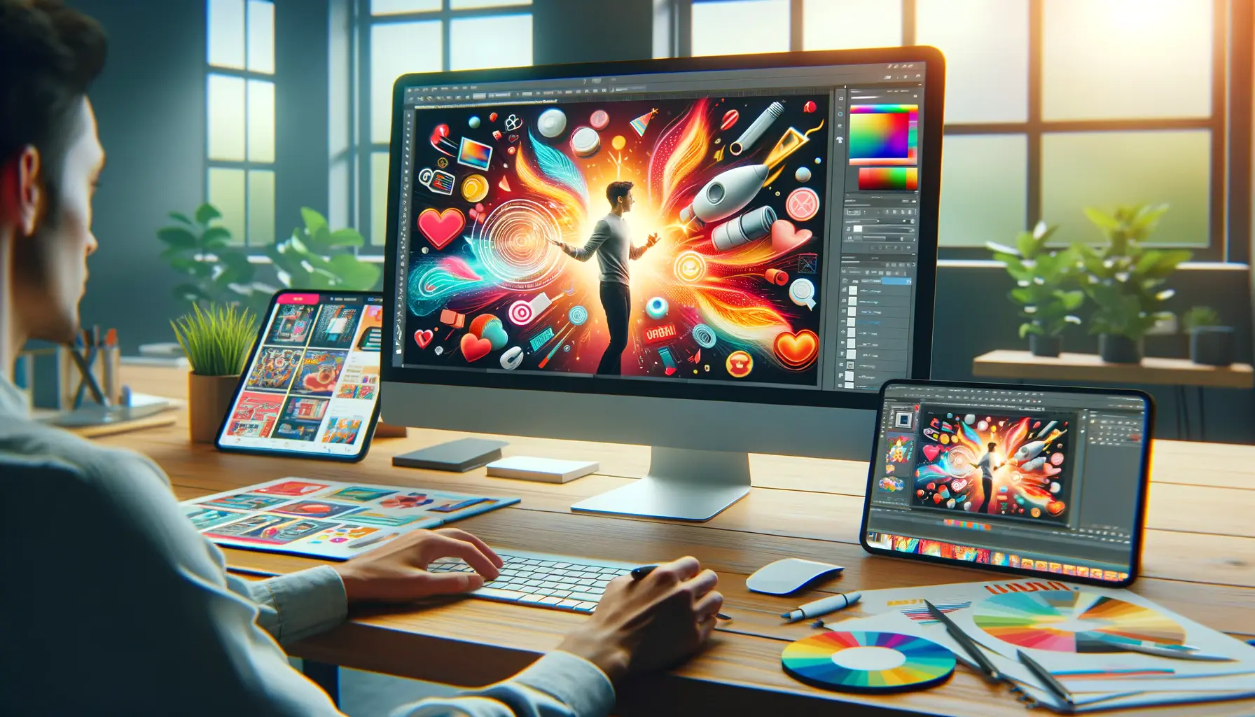 A digital marketer working on a computer, designing animated visuals for Instagram ads with vibrant product animations, while a tablet and laptop track engagement in a modern office workspace.