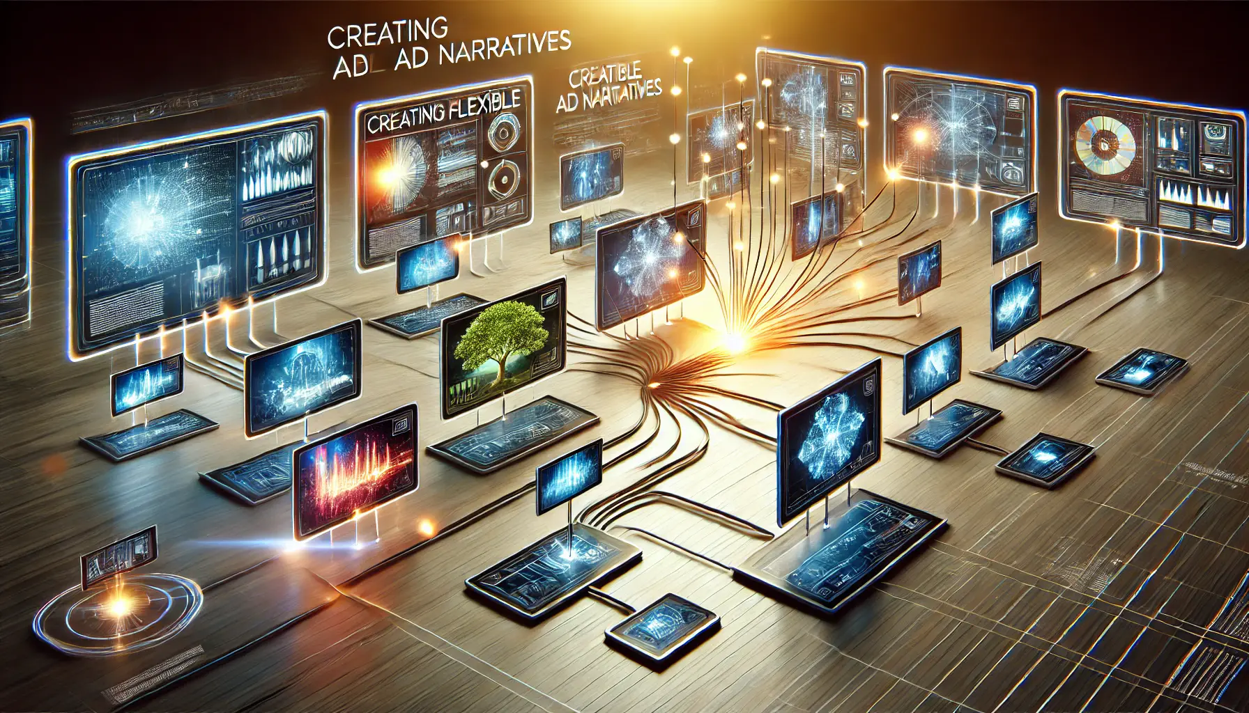 A creative visualization of flexible ad narratives with interconnected digital screens representing different narrative paths.