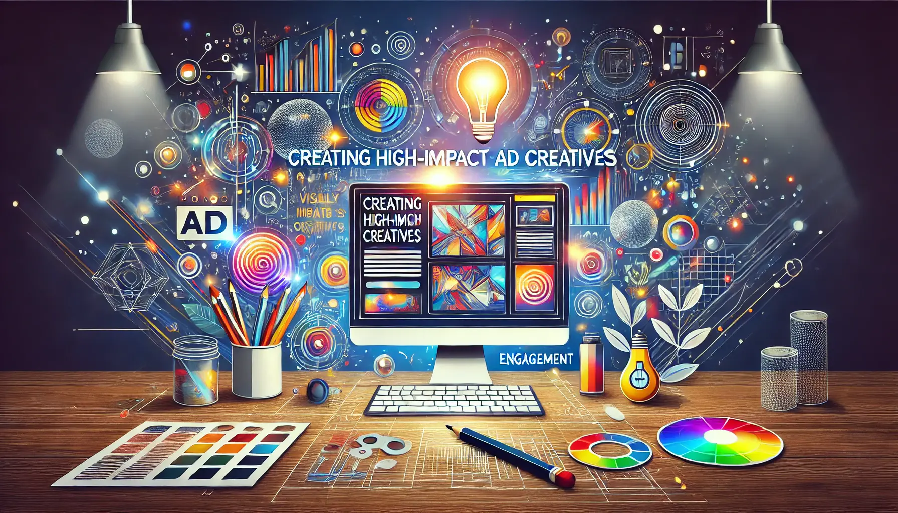 A digital workspace with a glowing screen showcasing a vibrant ad design, surrounded by icons like a pencil, color palette, and lightbulb, symbolizing creativity and engagement.