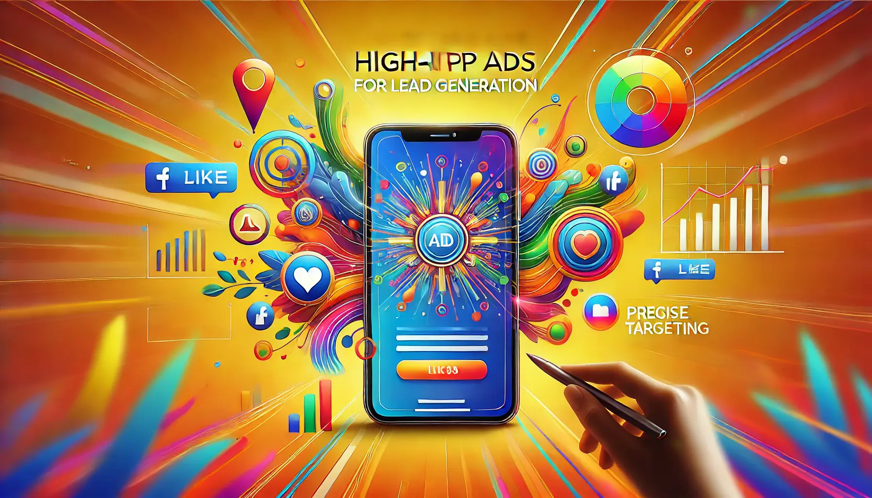 An abstract image showing the creation of high-impact app ads, with a mobile device displaying vibrant graphics and user engagement icons.