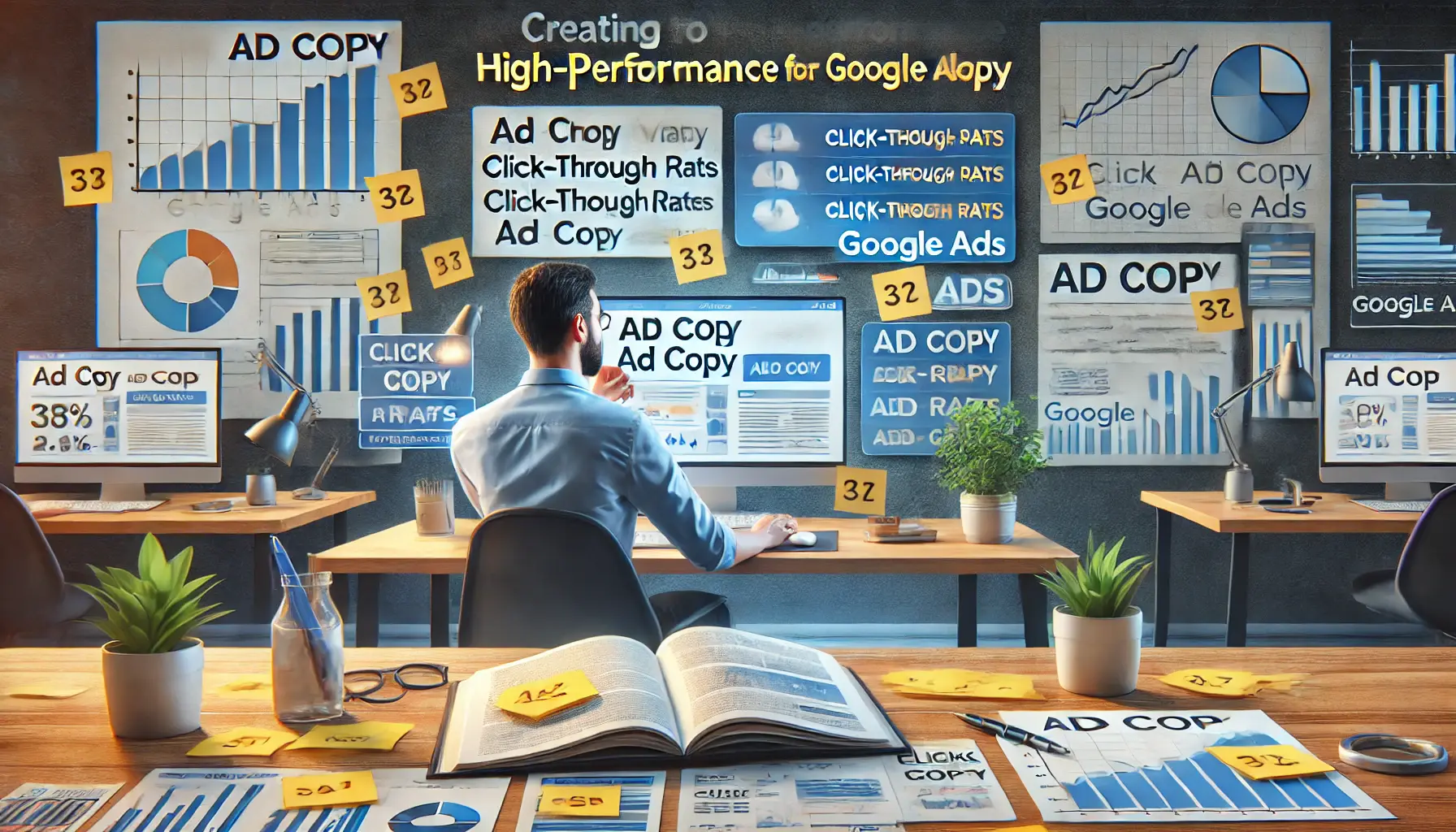 A digital marketer working on ad copy variations and performance metrics on a computer, surrounded by brainstorming elements and charts.