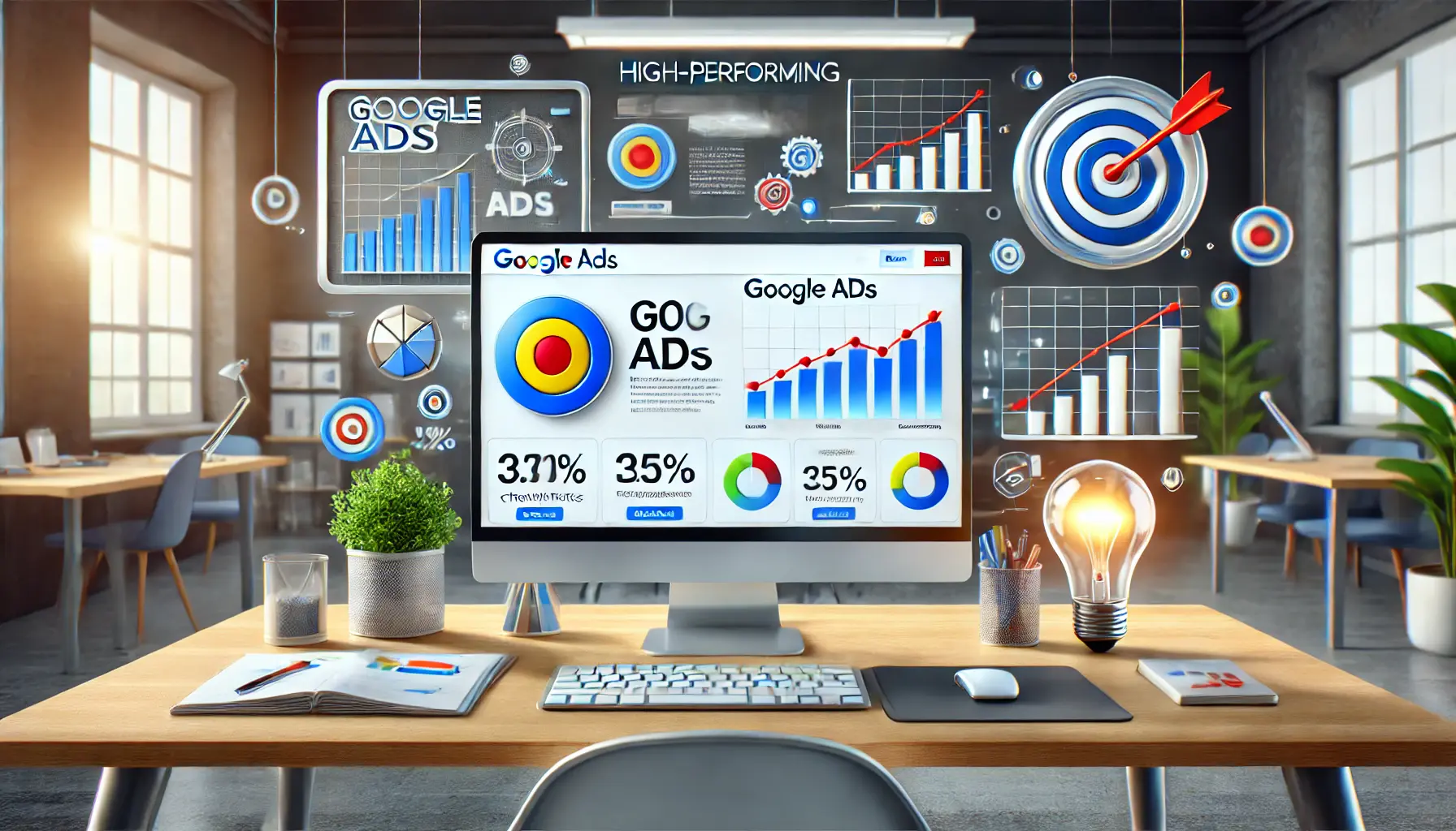 A digital workspace with a computer displaying Google Ads campaign metrics, surrounded by symbols of success like a target, rising graph, and lightbulb.