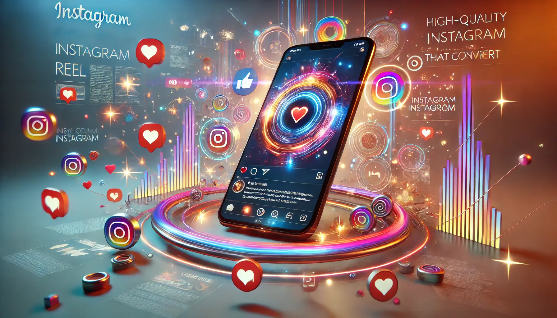 A creative image showing a high-quality Instagram Reel on a smartphone surrounded by glowing engagement metrics like likes, hearts, and shares.