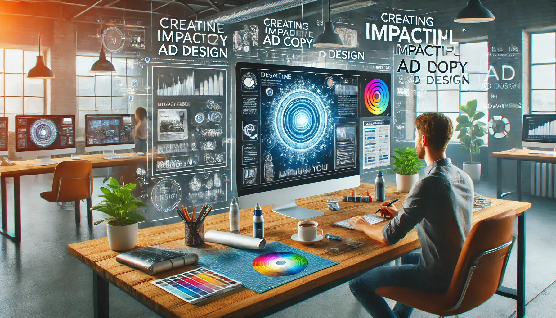 A creative professional designing an ad layout on a large screen, surrounded by design tools, color palettes, and a coffee cup.