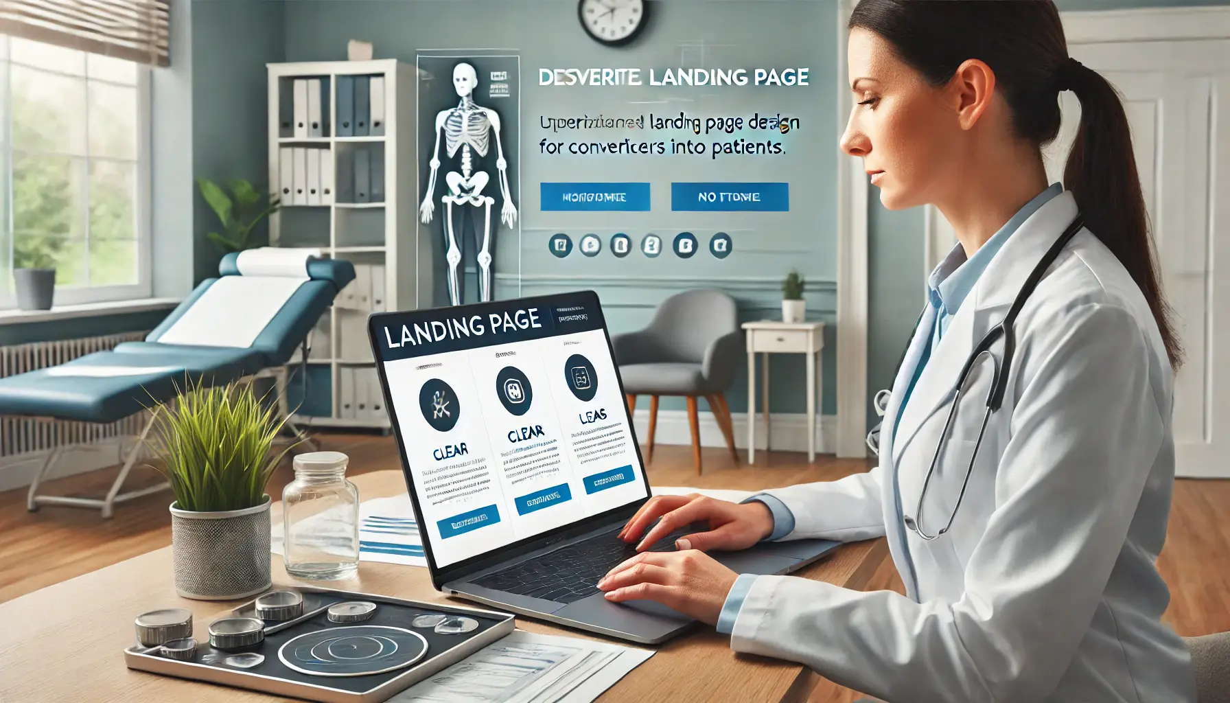 A chiropractor reviewing a well-designed landing page for conversions on a laptop in a modern clinic.