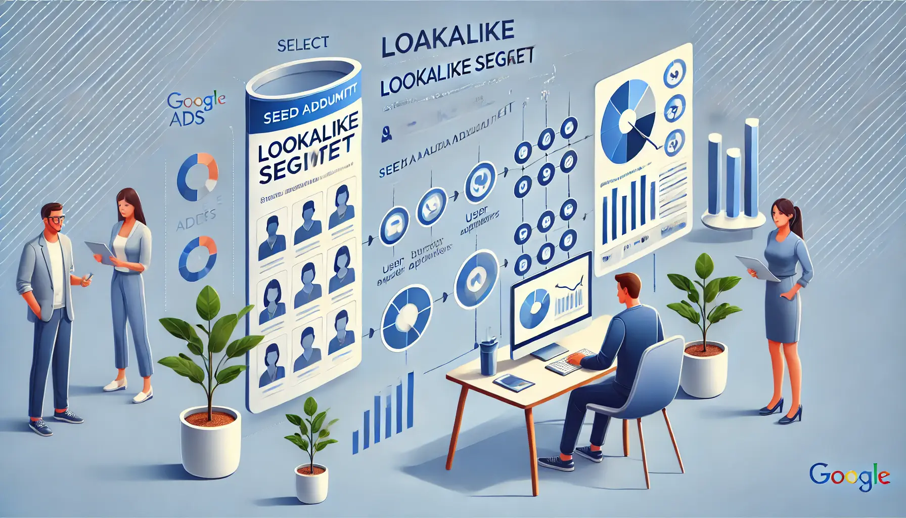 An image depicting a digital marketer creating lookalike segments in Google Ads, selecting a seed audience and generating a new segment based on similar user behaviors and demographics.