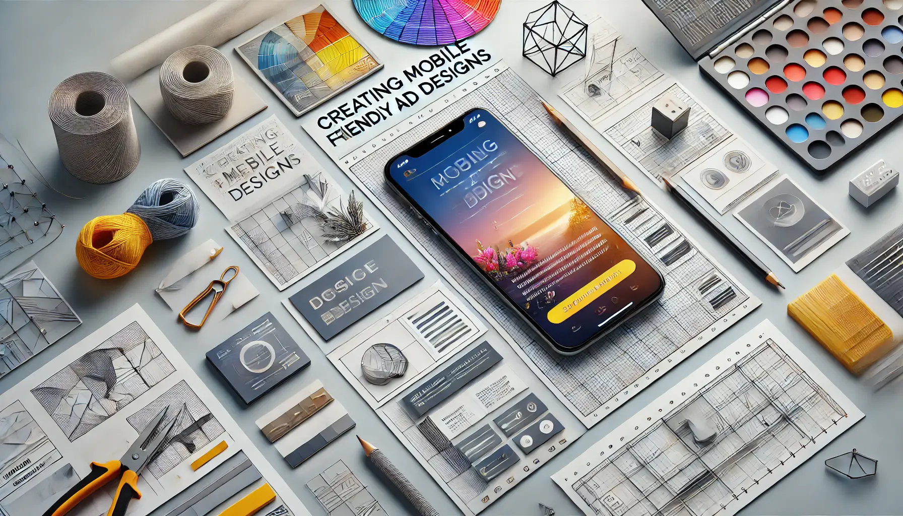 A smartphone displaying a visually appealing mobile ad surrounded by design tools like color palettes and wireframes.