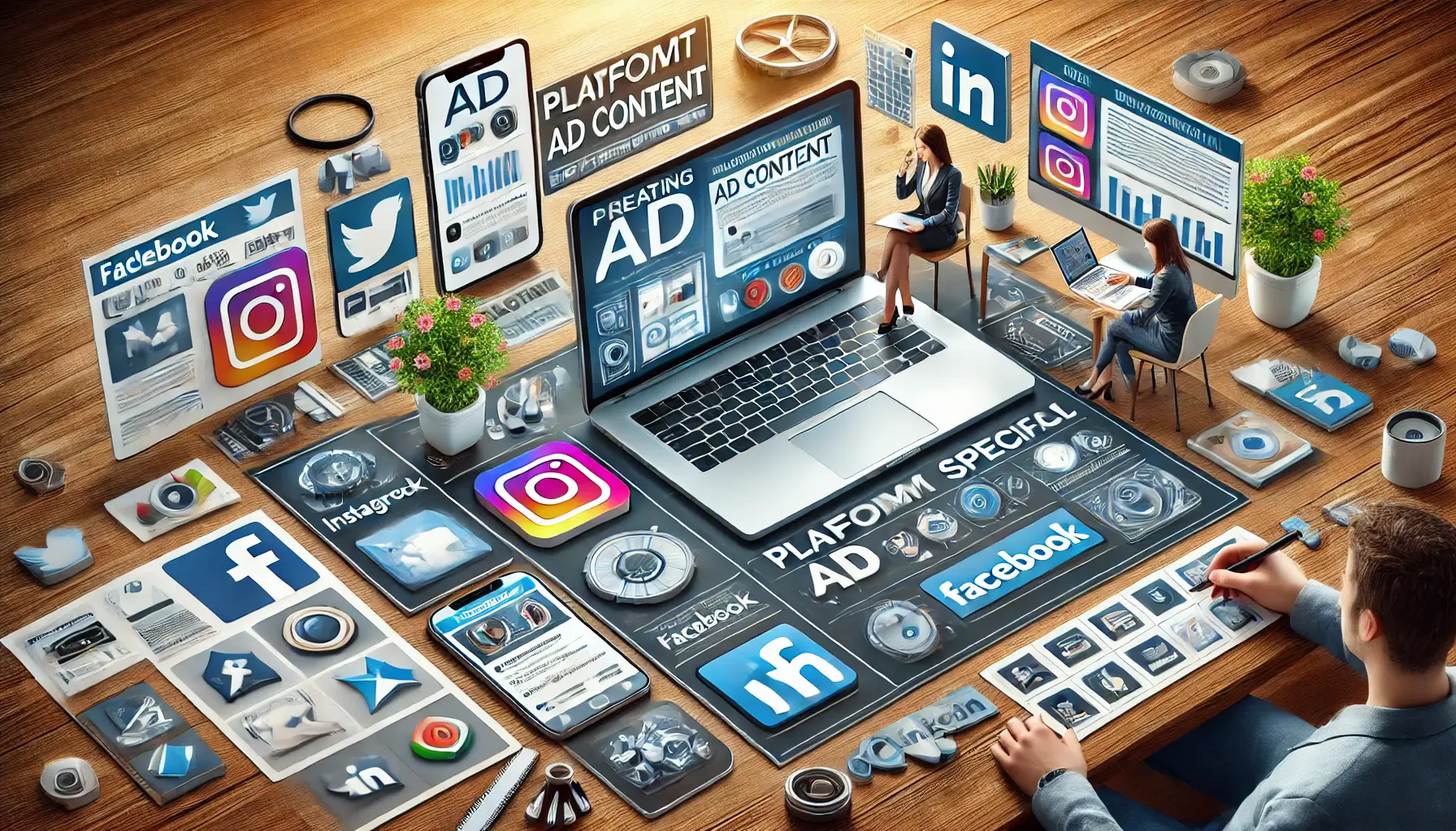 A digital marketing workspace with a laptop displaying different ad formats for Instagram, Facebook, and LinkedIn, and devices showing ads tailored for each platform.