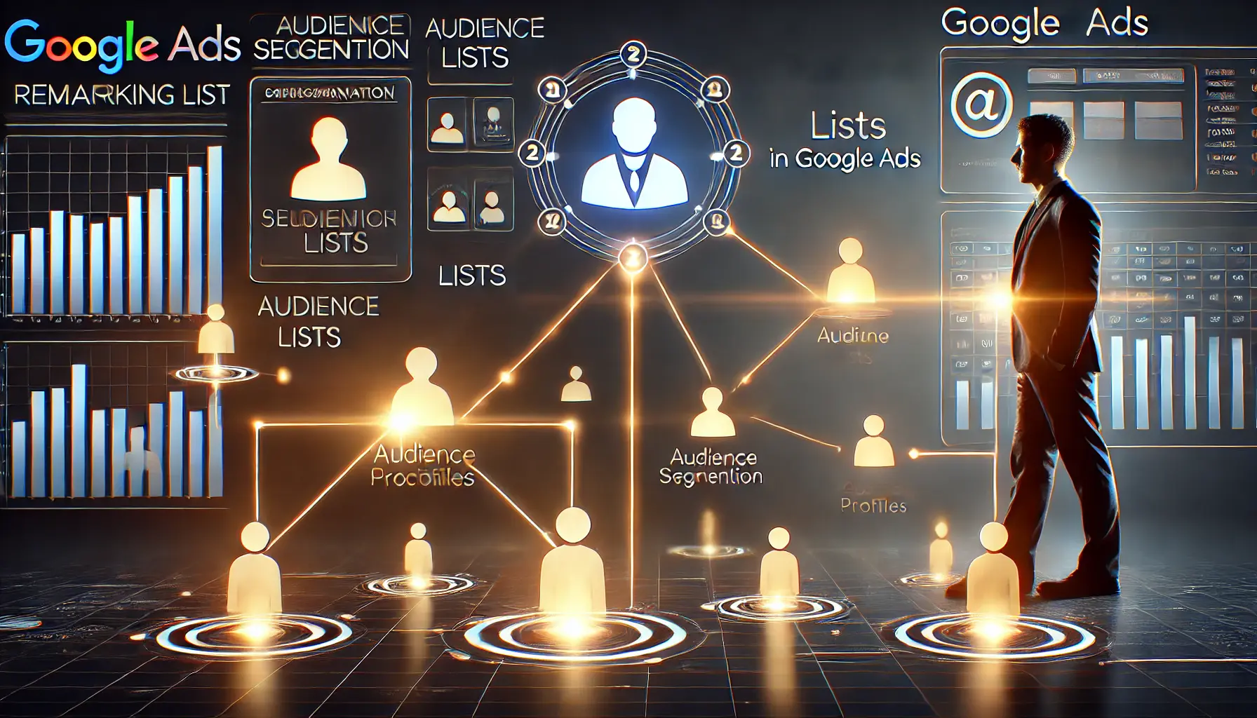 A detailed illustration of creating remarketing lists in Google Ads, featuring audience segmentation visuals, user profile icons, and a Google Ads dashboard.