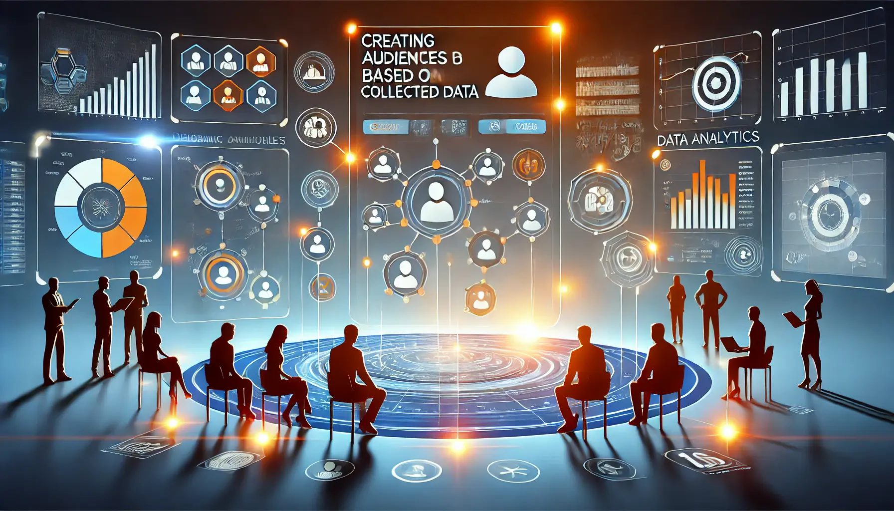 An illustration showcasing audience segmentation using collected data, featuring a digital dashboard with segmented groups and interconnected analytics icons.