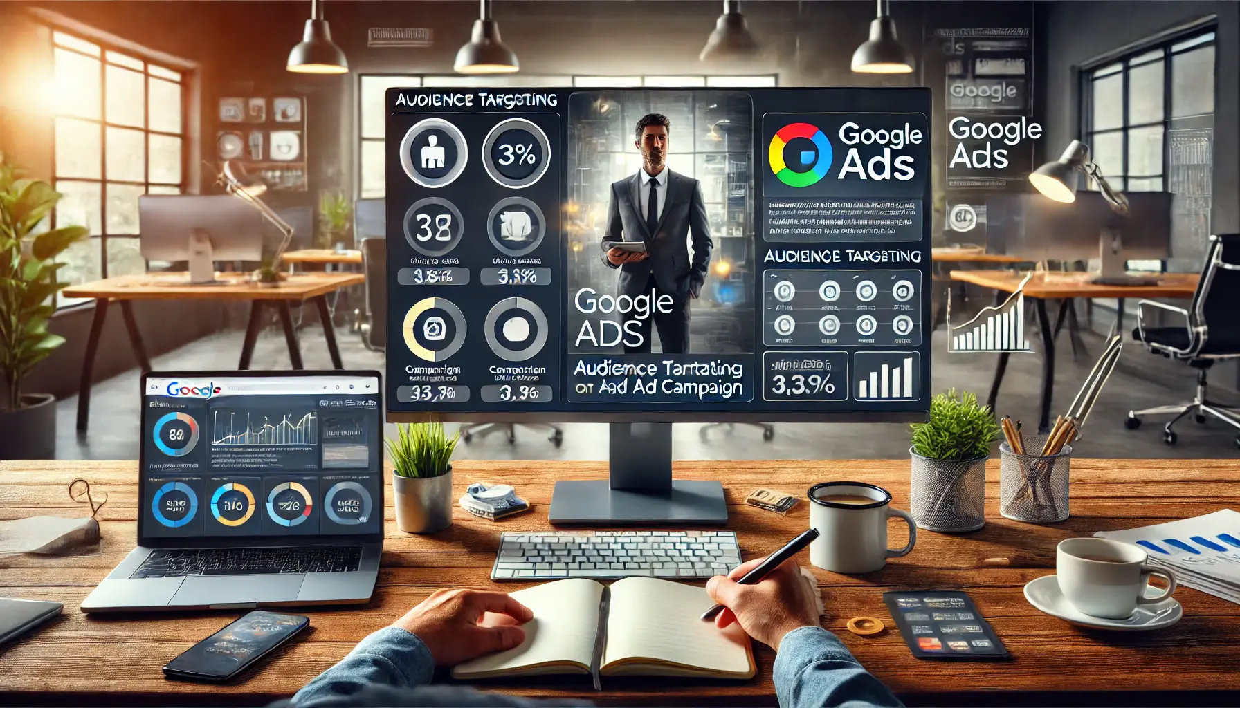 A digital marketer working in a professional office setting with a dual-monitor setup, designing a targeted ad campaign on Google Ads with audience targeting and ad creative tools.