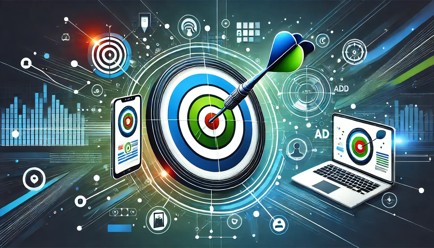 Abstract illustration of creating targeted ad campaigns with a dart hitting a bullseye, digital devices displaying ads, and interconnected lines symbolizing strategy.