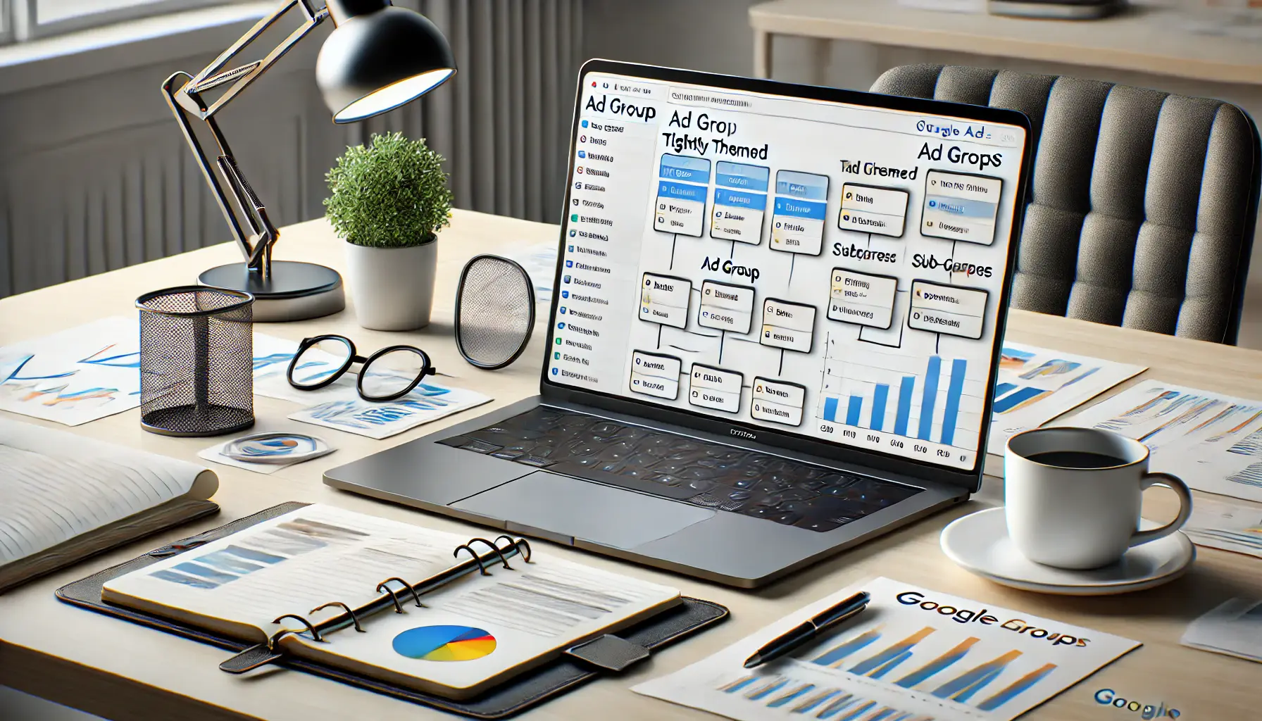 A digital marketing workspace with a laptop displaying an organized ad group structure and performance data.