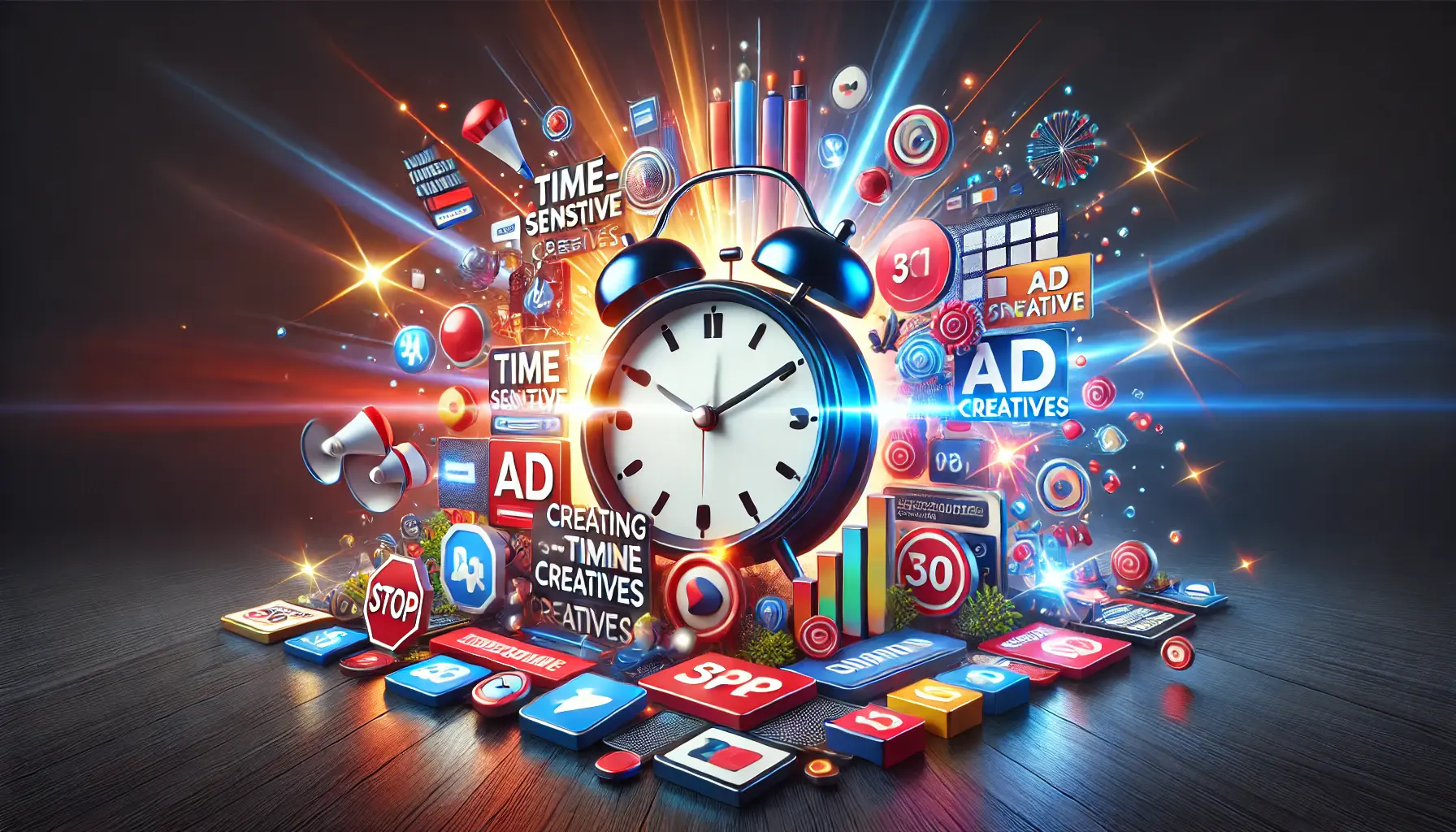 An image featuring an alarm clock surrounded by ad creative elements like banners, product images, and call-to-action buttons, symbolizing urgency for time-sensitive ads.