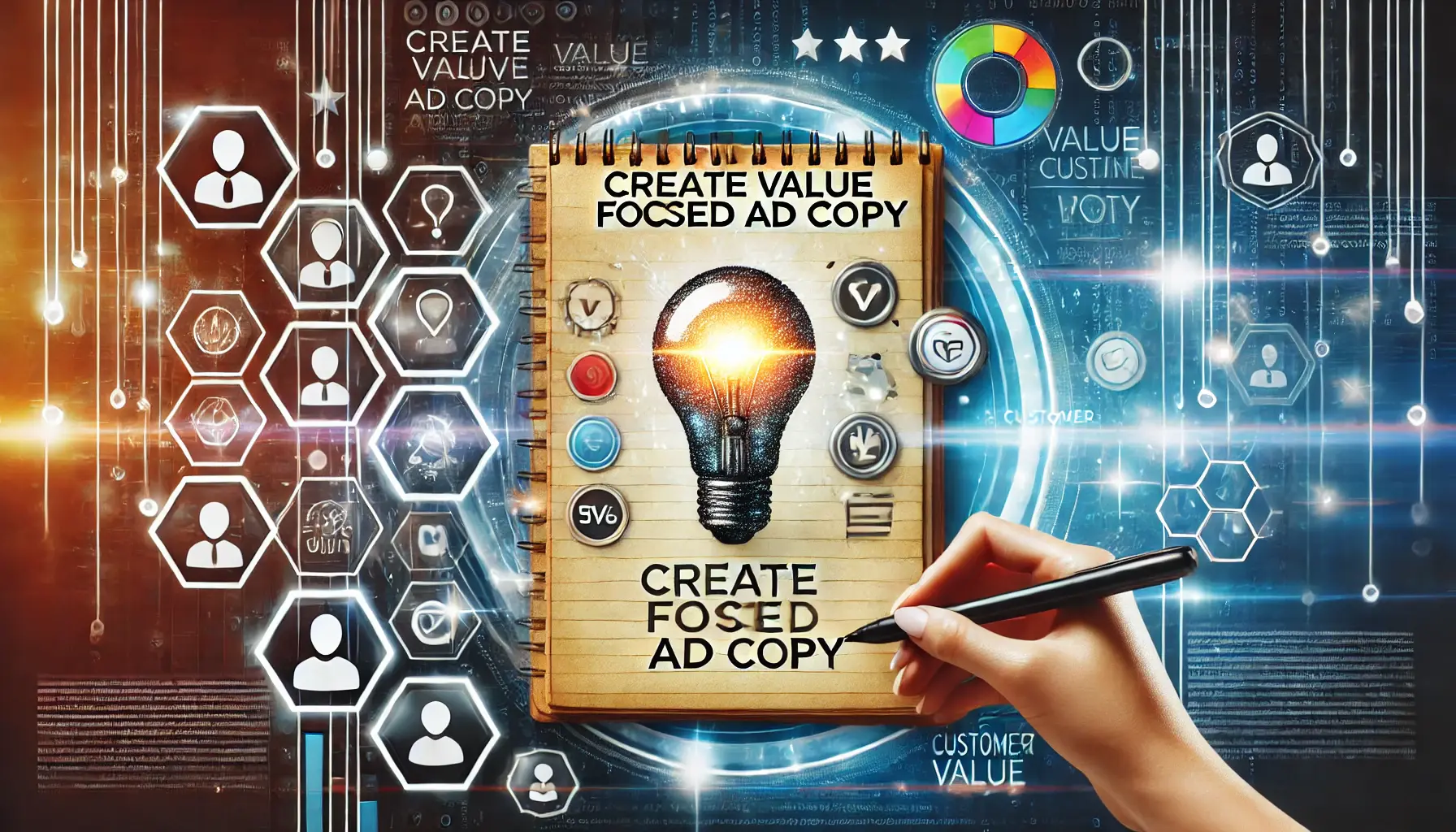 Abstract image depicting the concept of creating value-focused ad copy with a digital notepad, lightbulb graphic, and icons like stars and checkmarks.