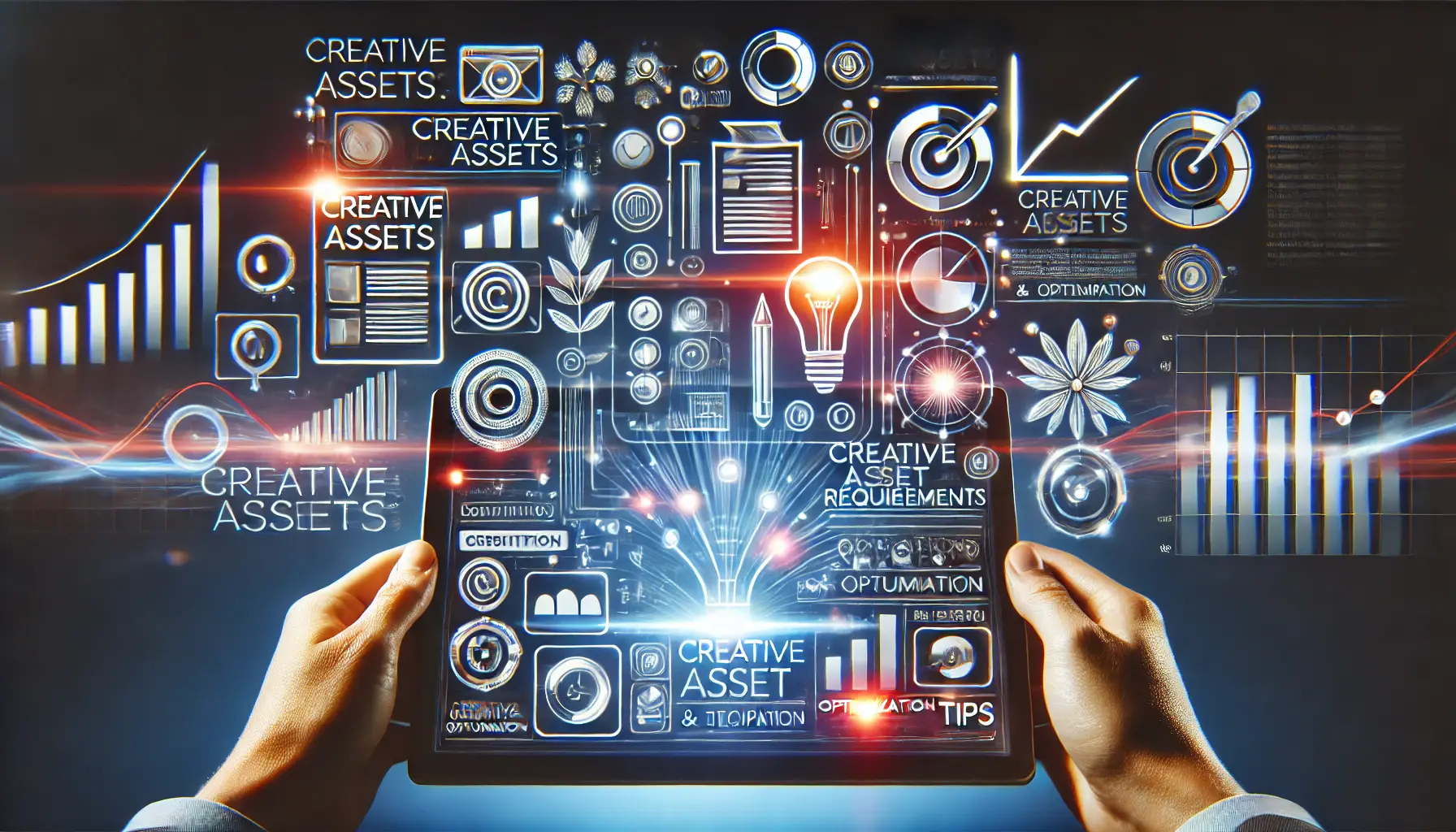 A visual representation of creative asset requirements and tips in digital advertising, showing images, videos, and headlines on a digital interface.