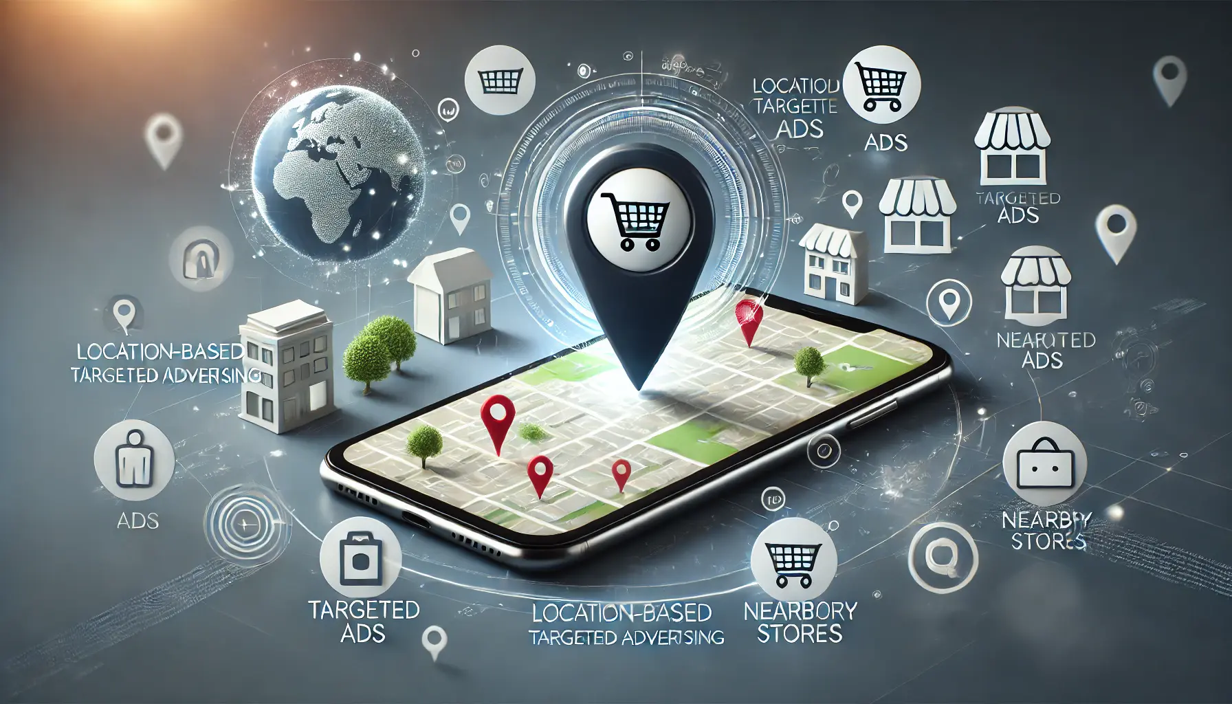 A smartphone screen displaying a dynamic map with pinpointed locations and abstract GPS signals, surrounded by shopping and store-related icons.