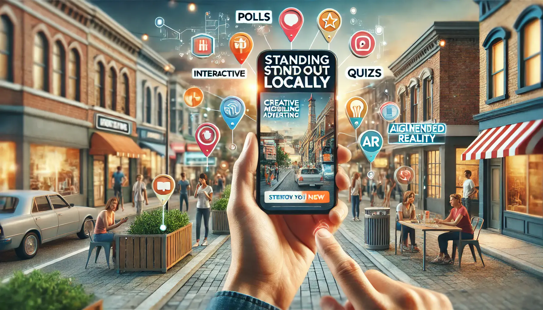 A person holding a smartphone displaying an interactive ad with engaging elements like polls or augmented reality in an urban setting.