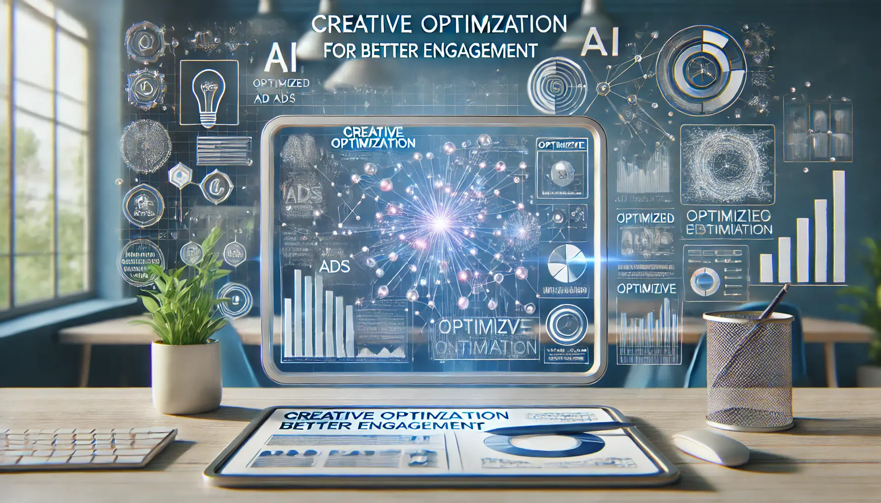 An image showing creative optimization for better engagement, with a digital workspace displaying optimized ad creatives, performance data, and AI elements.