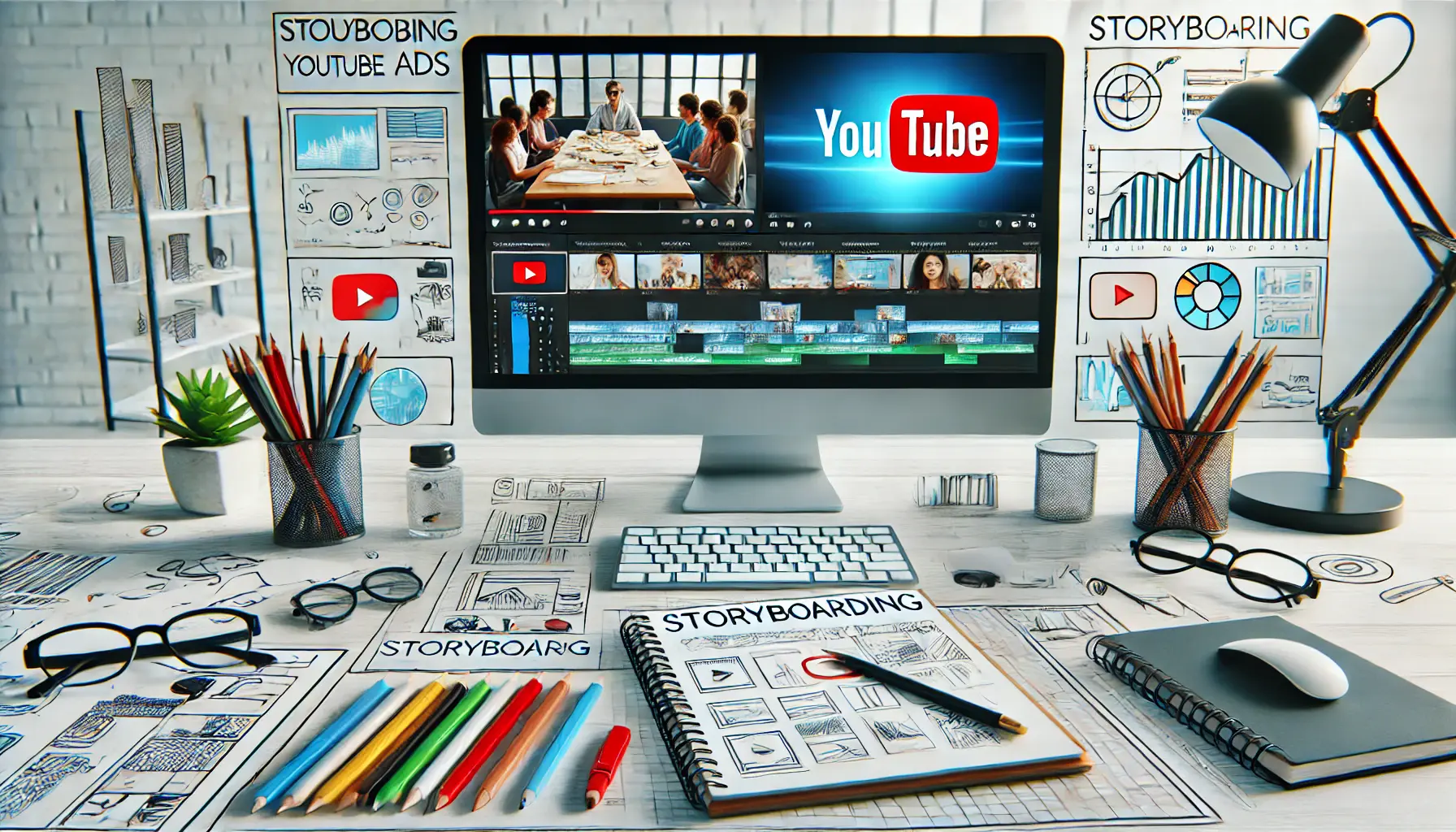 A modern desk setup with a storyboard, colorful sketches, pencils, and a computer screen displaying video editing software, representing creative storyboarding for YouTube ads.