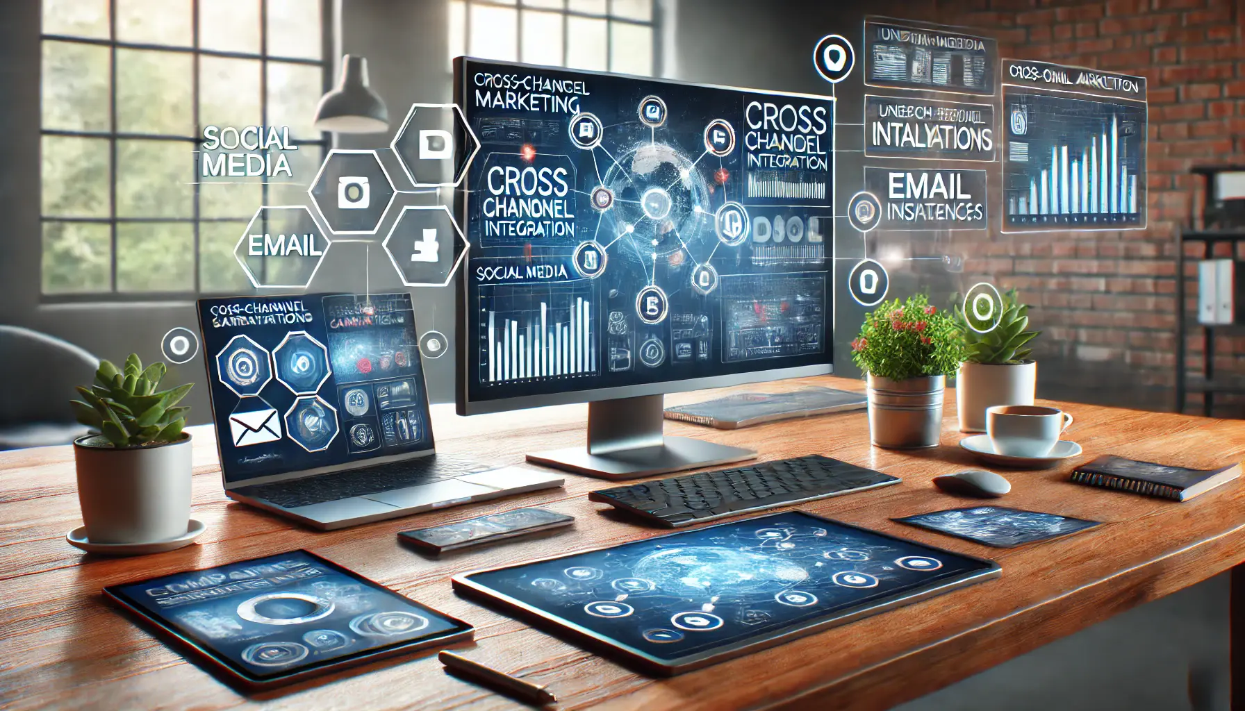 A digital marketing workspace with a monitor showing interconnected campaign data from various platforms like social media, email, and search engines.