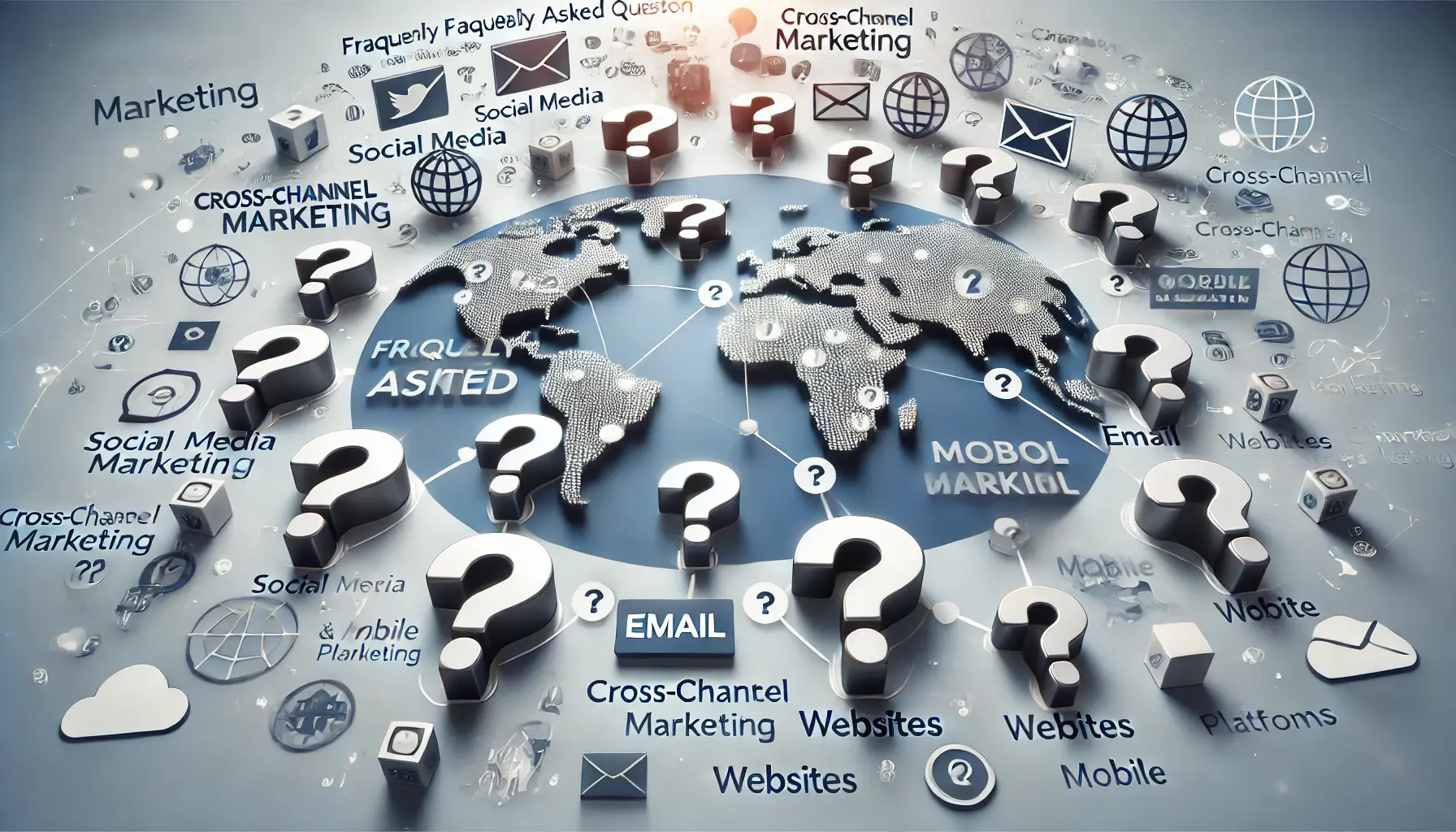 An image representing frequently asked questions about cross-channel marketing, with multiple channels like social media, email, and websites connected by question mark symbols.