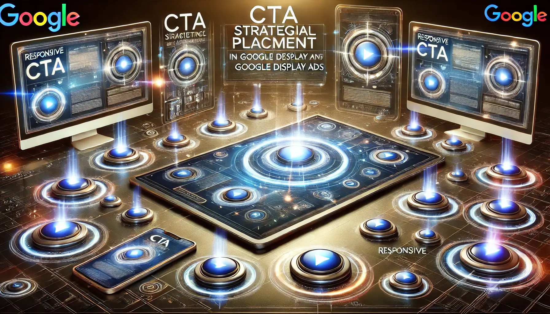 A representation of strategically placed CTA buttons across multiple devices, emphasizing their responsiveness and visibility in digital advertising.