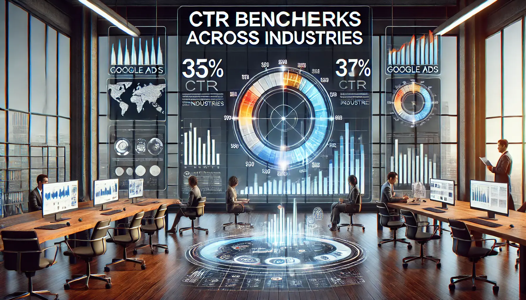 A digital dashboard showing CTR benchmarks with graphs and industry-specific performance metrics.