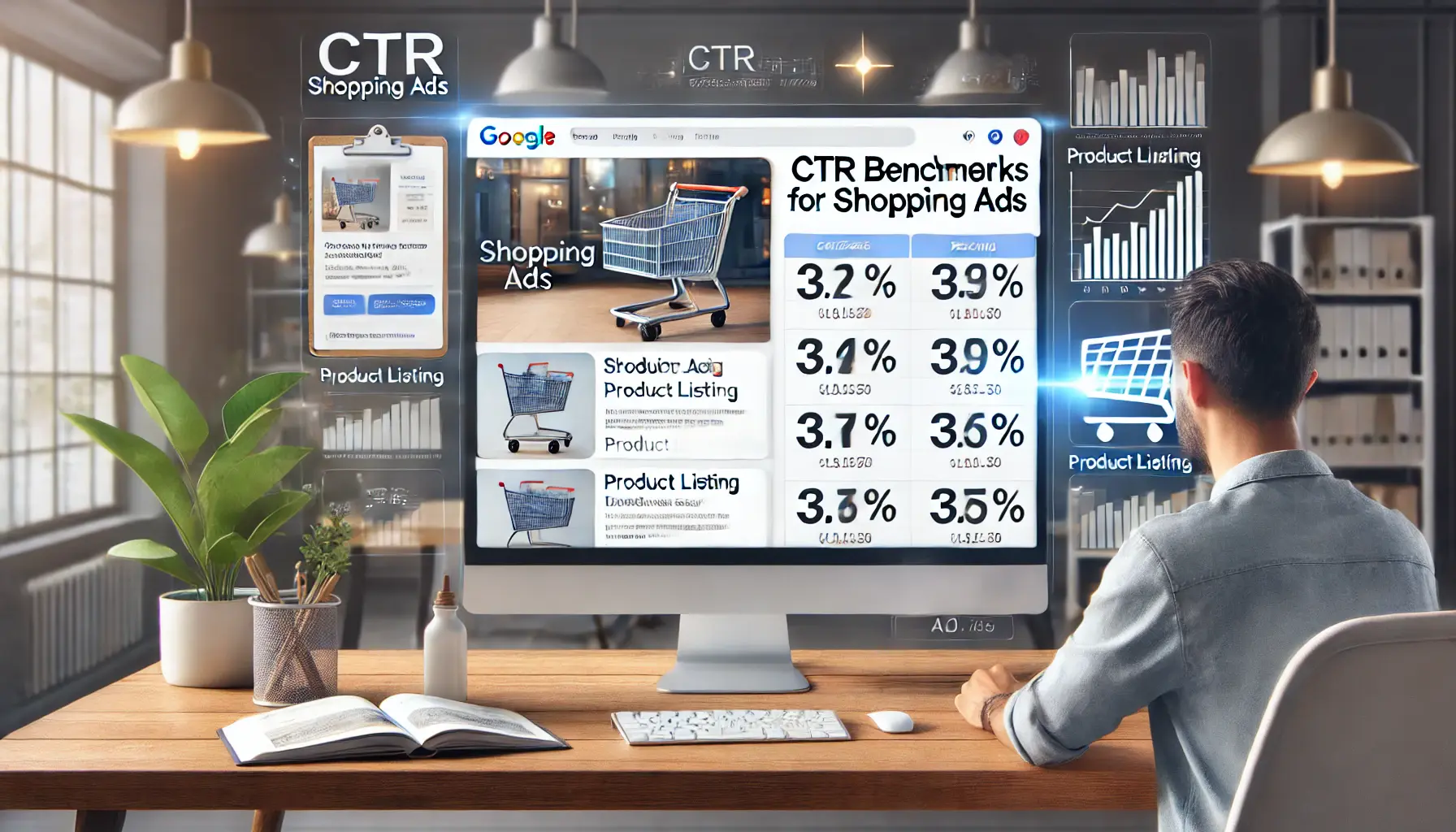 A marketer analyzing shopping ad performance metrics with product images and CTR data.