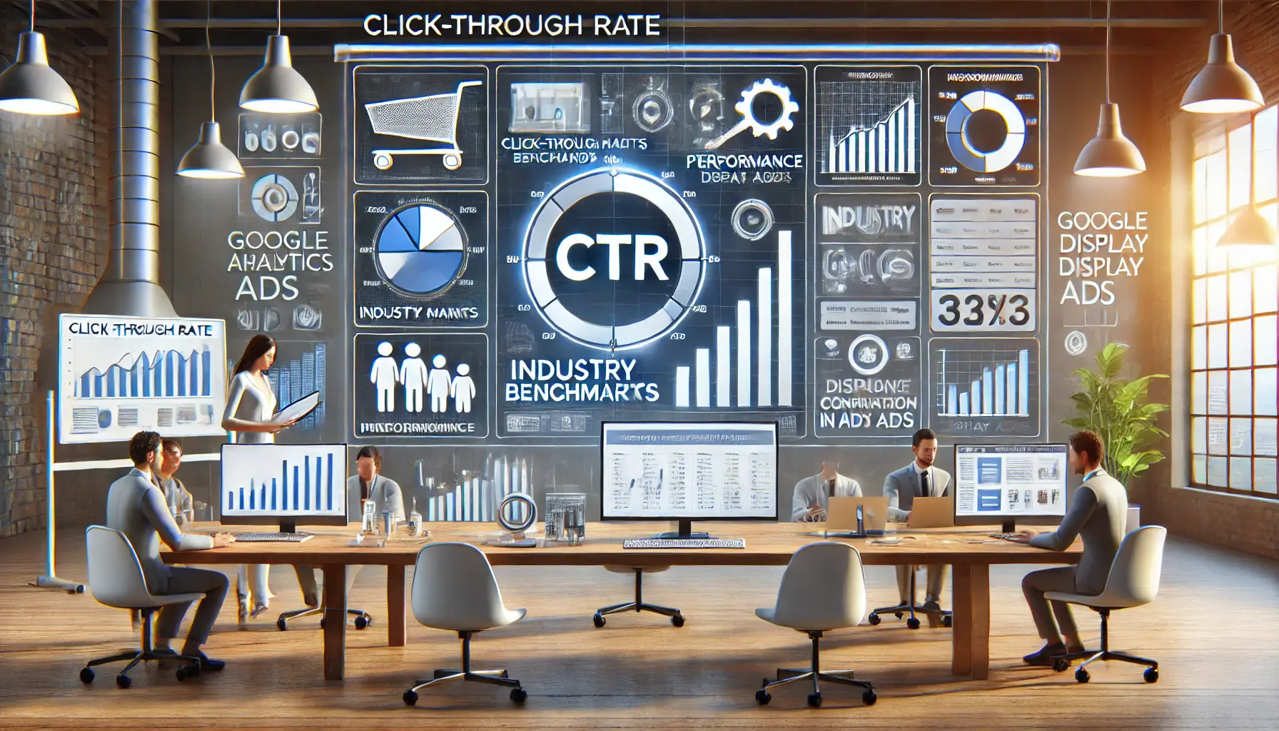 A digital analytics dashboard showcasing Click-Through Rate (CTR) benchmarks for Google Display Ads with performance comparison visuals